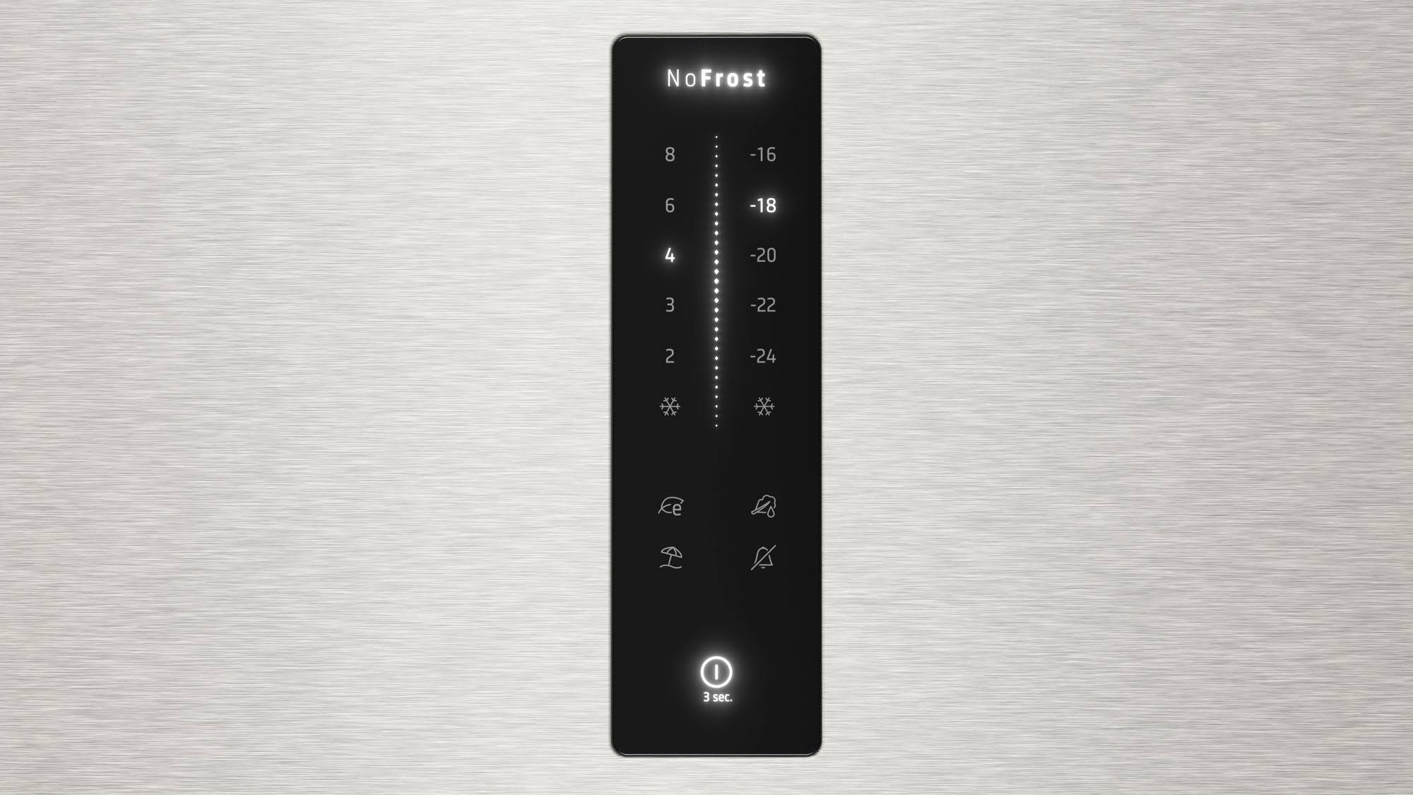Panel de control de refrigerador negro que muestra la configuración de temperatura y otras opciones.