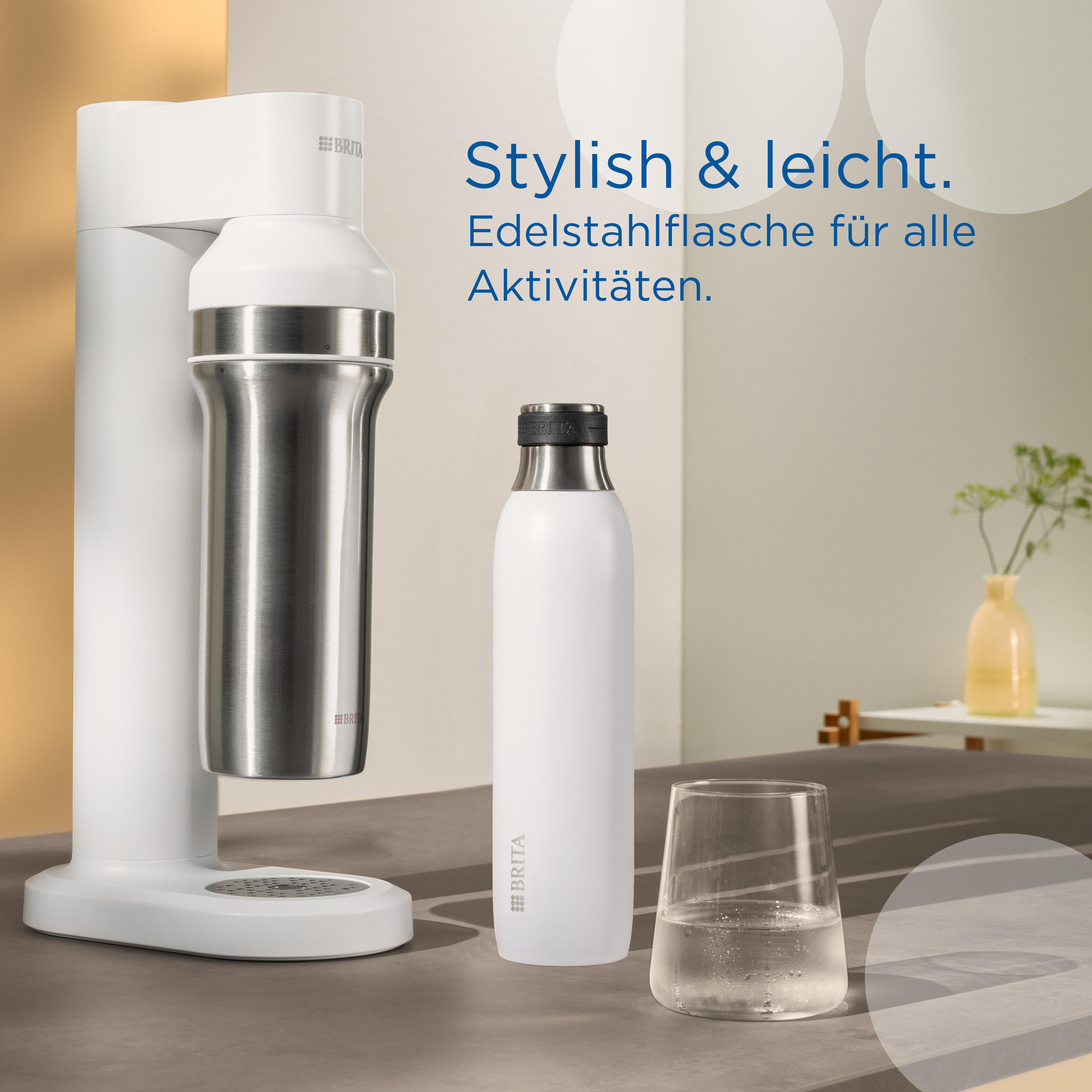 Weißes Brita Wasserfiltersystem, Edelstahlflasche, Glas und Text.