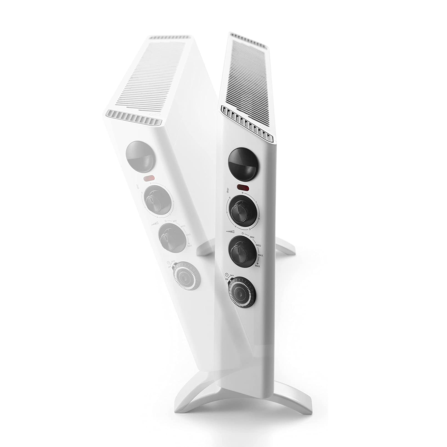 Termoventilatore elettrico bianco con manopole. Due piedini.