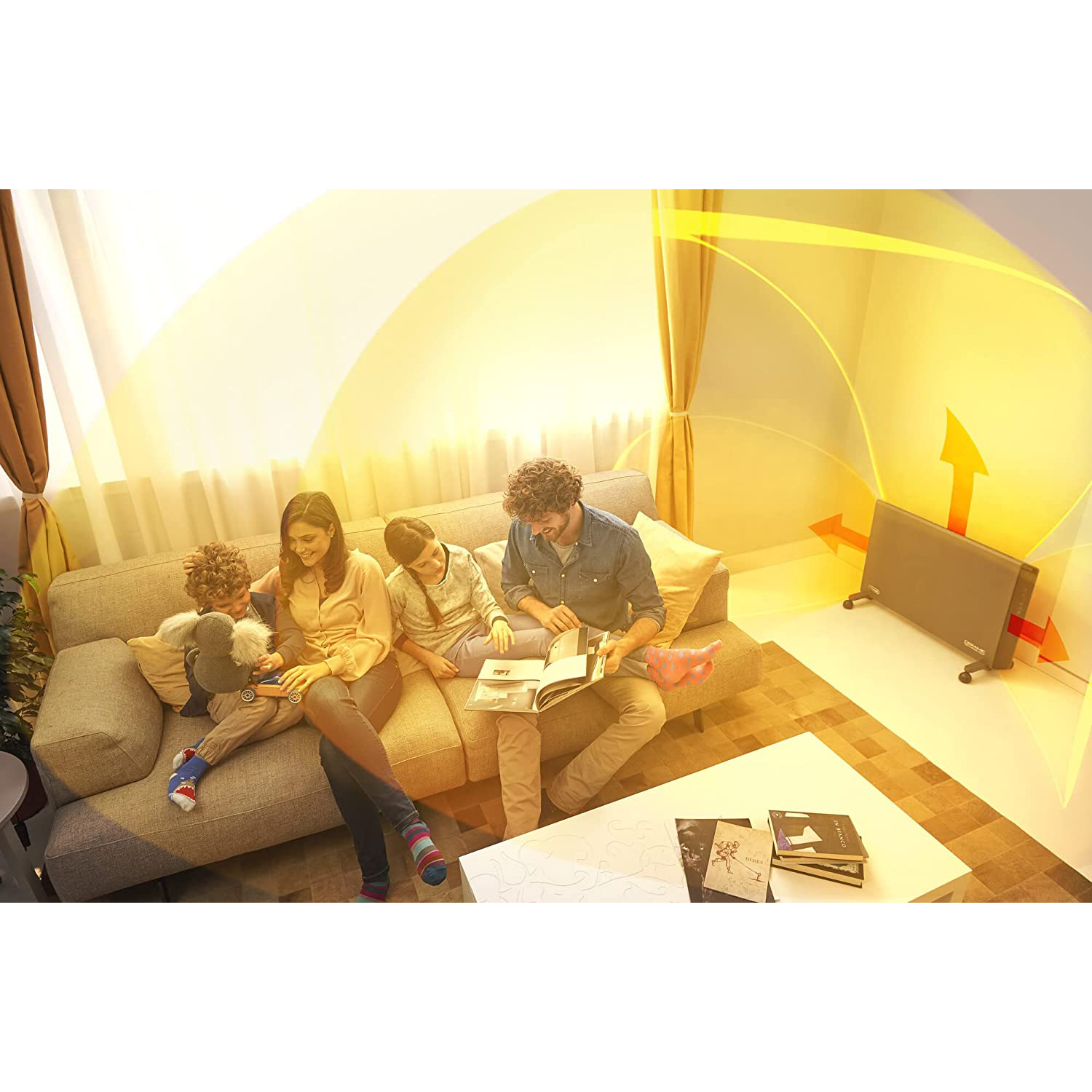 Famiglia su un divano, che legge e si rilassa vicino a un riscaldatore con un effetto onda di calore giallo.