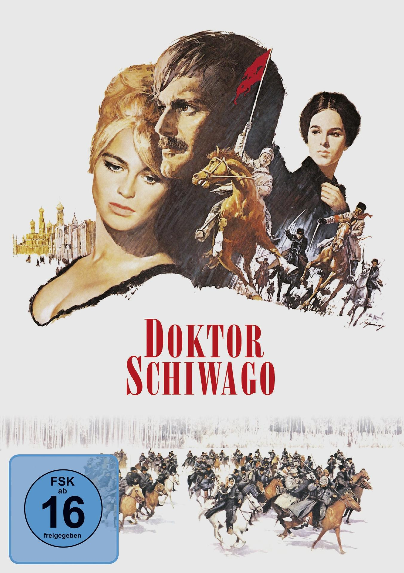 Filmposter mit Personen auf Pferden und Text: Doktor Schiwago.
