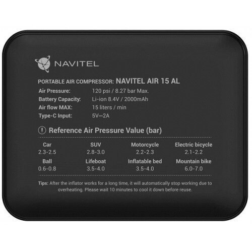 Akumulatorowy kompresor powietrza NAVITEL Przenośny akumulatorowy kompresor powietrza NAVITEL AIR 15 AL Czarny