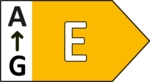 Une étiquette d'efficacité énergétique, avec un grand 'E' dans une forme jaune, et une flèche.