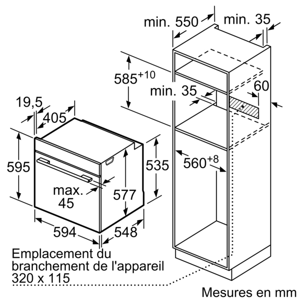 Dessin technique d'un four encastrable, montrant dimensions et mesures en français.
