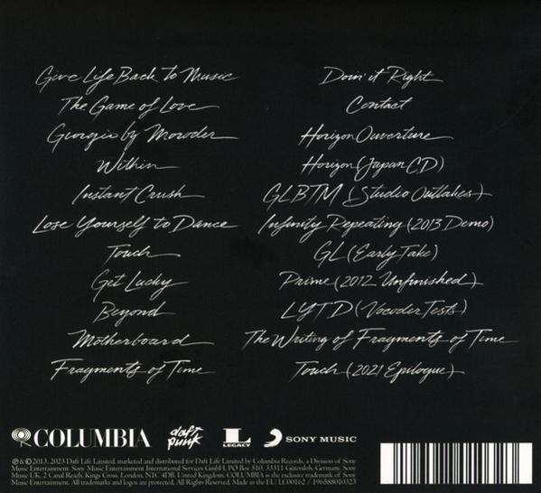 Dos de l'album Daft Punk avec titres de chansons et logos de Columbia et Sony Music. Fond blanc.