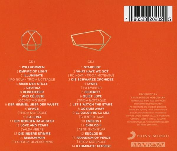 Die Rückseite eines CD-Albums mit der Titelliste, dem Künstlernamen und anderen Details auf orangefarbenem Hintergrund.