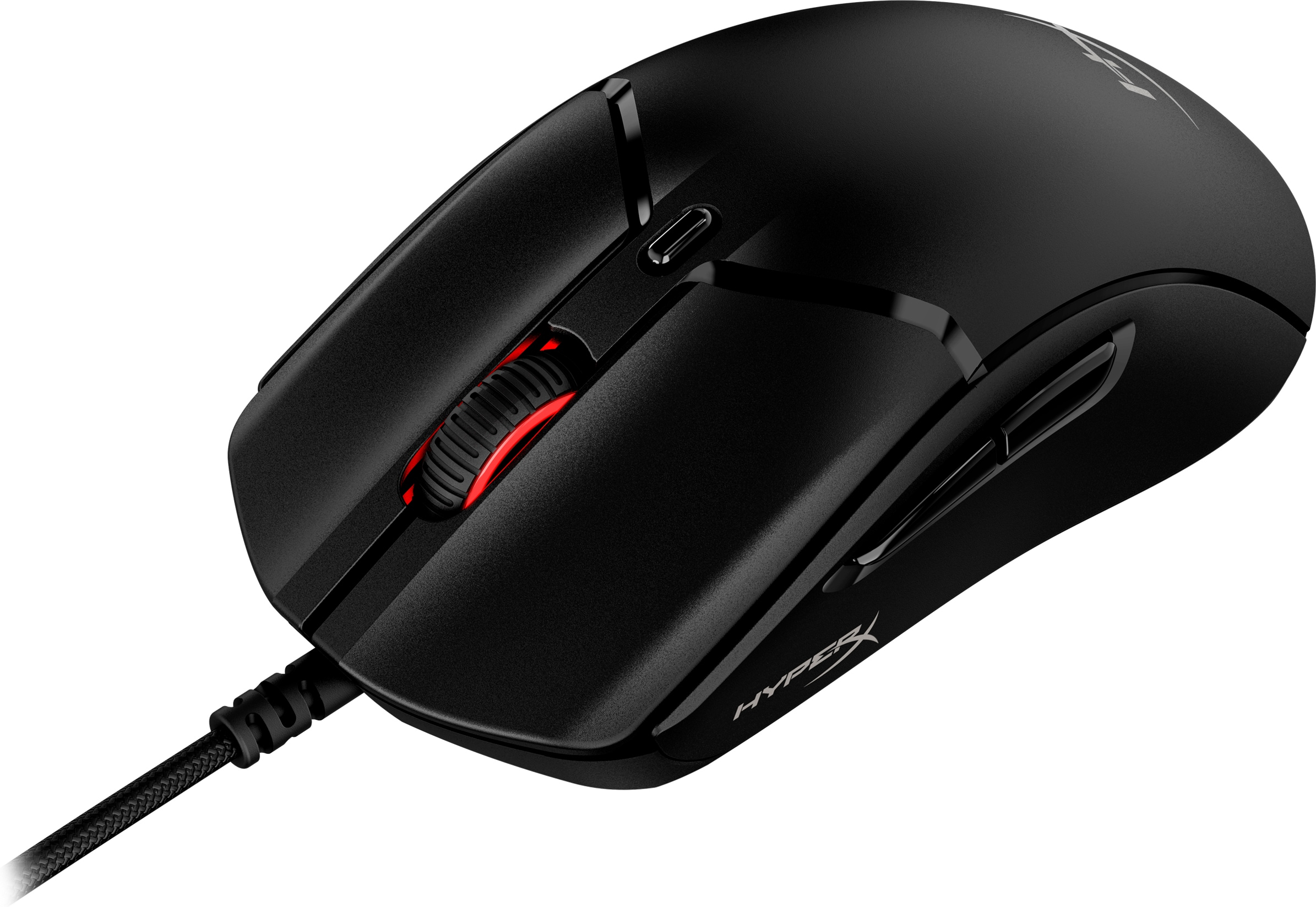 Schwarze Gaming-Maus mit rotem Scrollrad und Seitentasten, kabelgebunden.