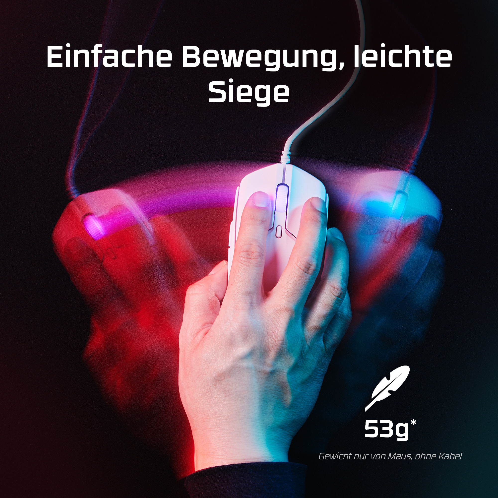 Eine weiße Gaming-Maus mit einer Hand, die eine einfache Bewegung andeutet.