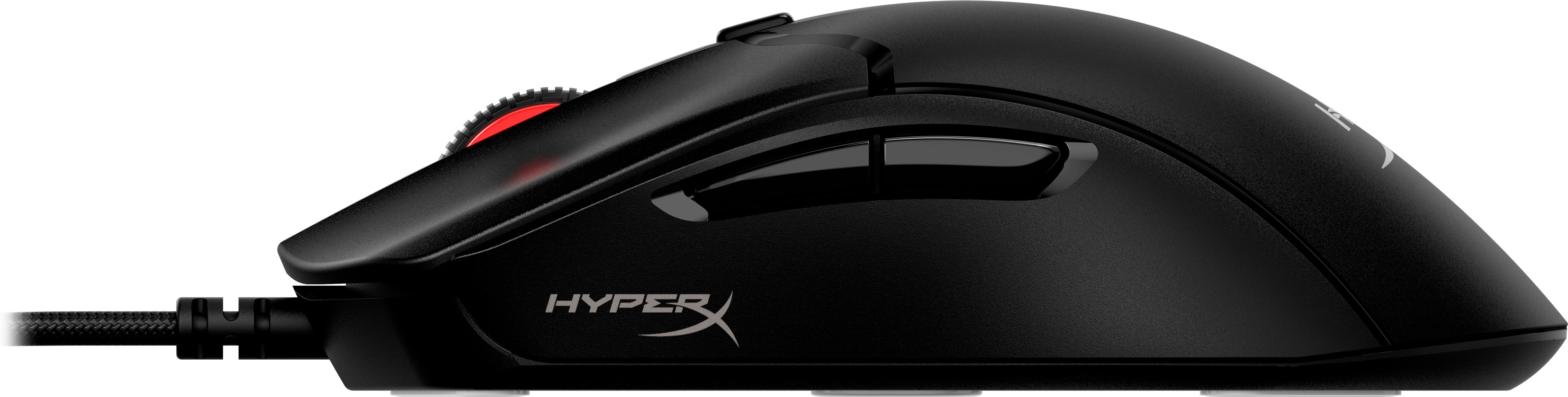 Schwarze Computermaus mit rotem Scrollrad und HyperX-Logo, Seitenansicht.