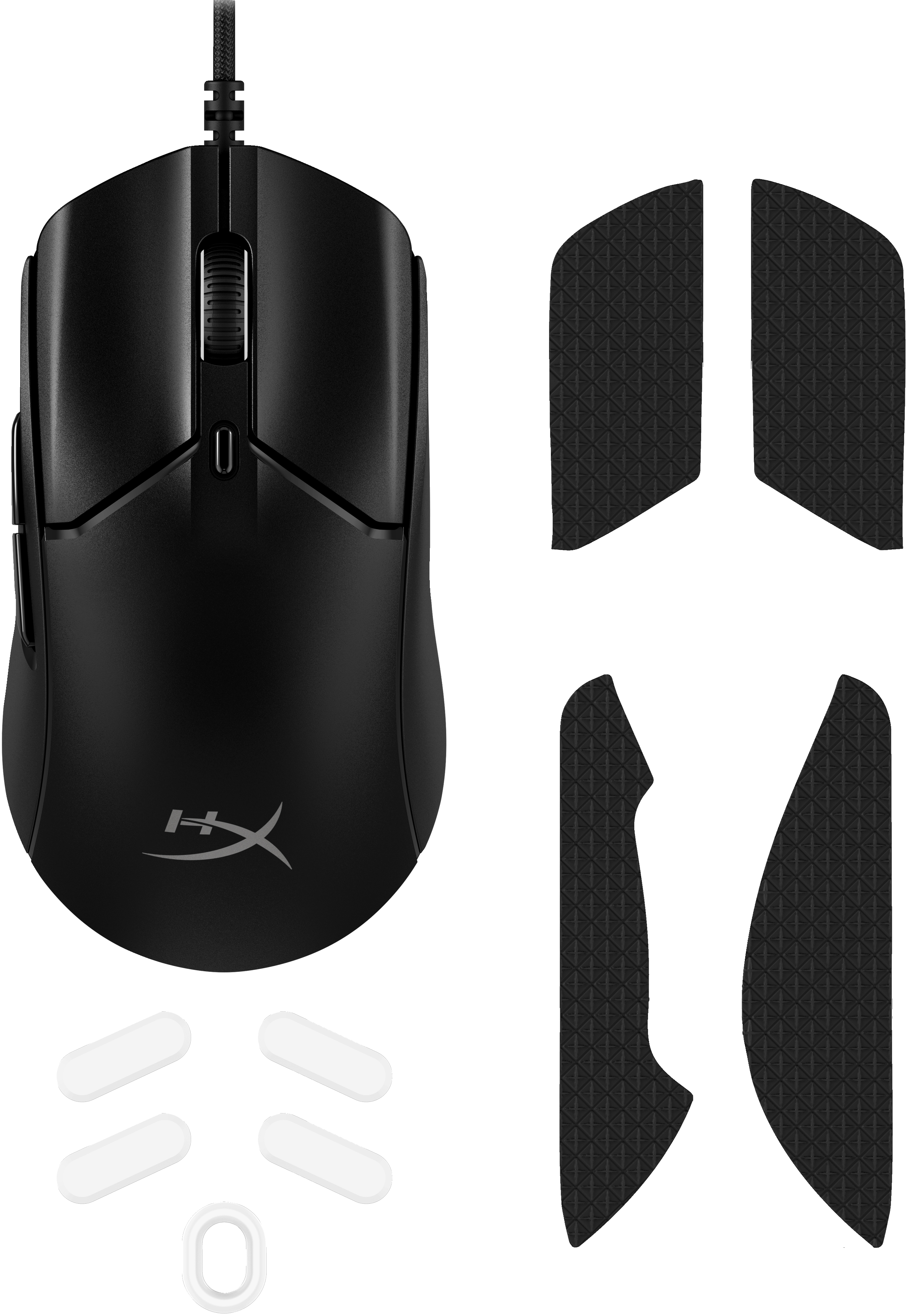 Schwarze Gaming-Maus mit zusätzlichen Griffen und Ersatz-Pads daneben, mit dem HyperX-Logo.