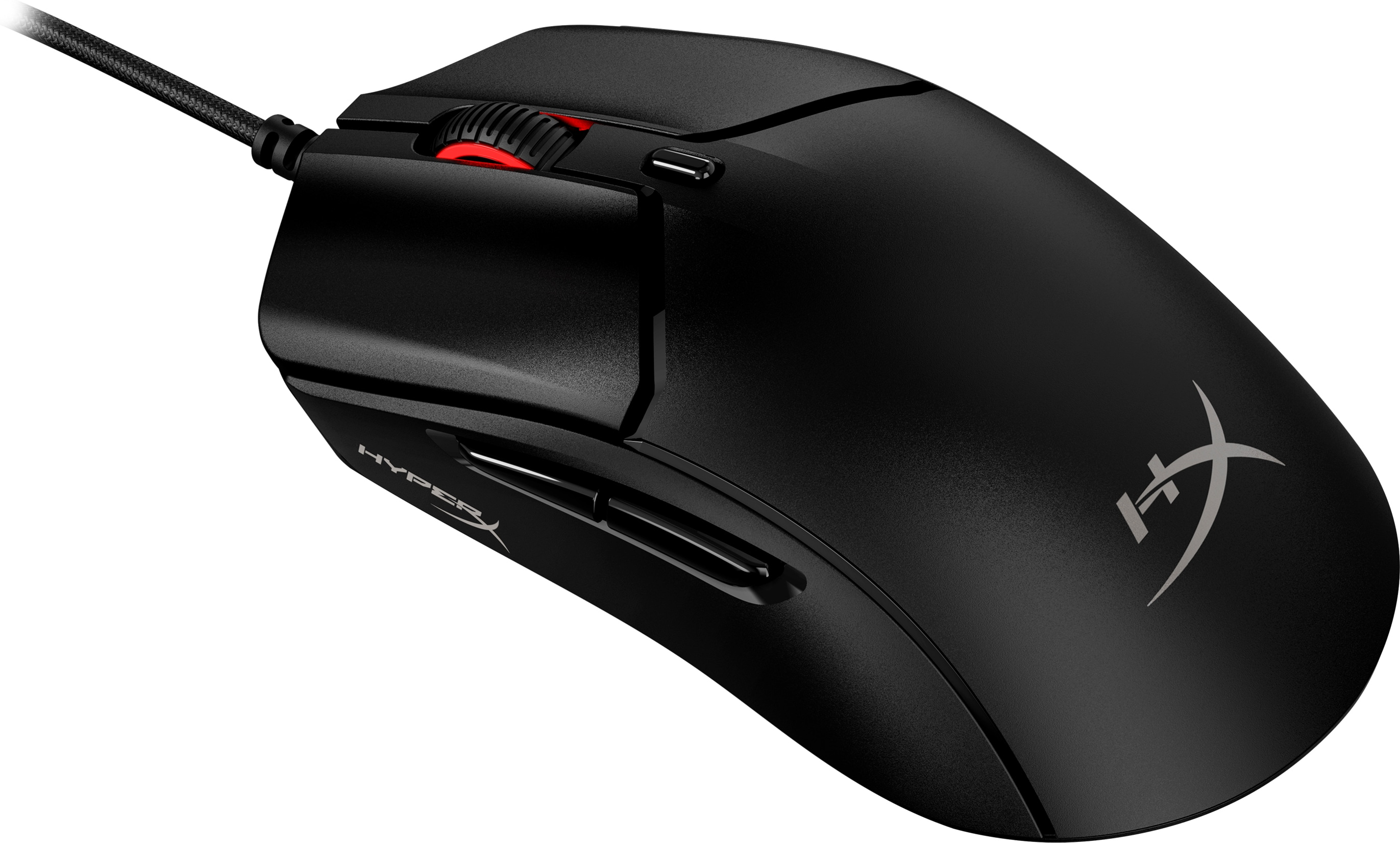 Eine schwarze HyperX Gaming-Maus mit rotem Scrollrad und Seitentasten.