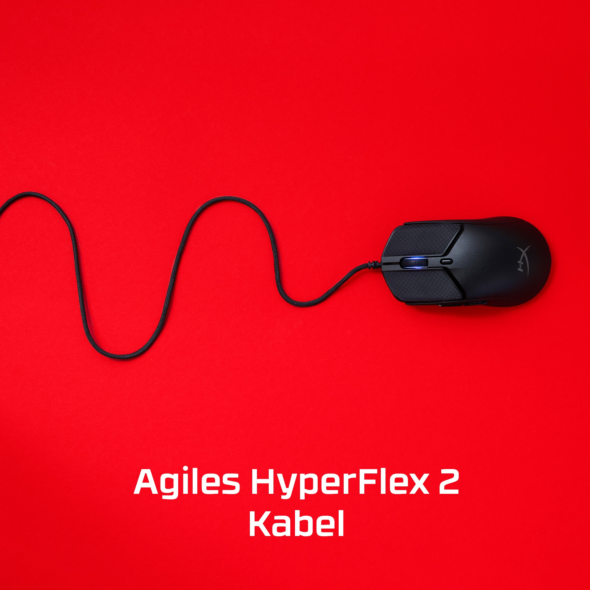 Schwarze Computermaus mit Kabel, roter Hintergrund und Text: Agiles HyperFlex 2 Kabel.