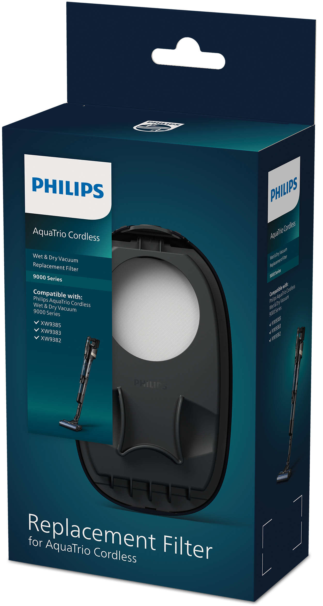 Une boîte de filtre de remplacement Philips AquaTrio Cordless. Il s'agit d'un emballage bleu et noir.