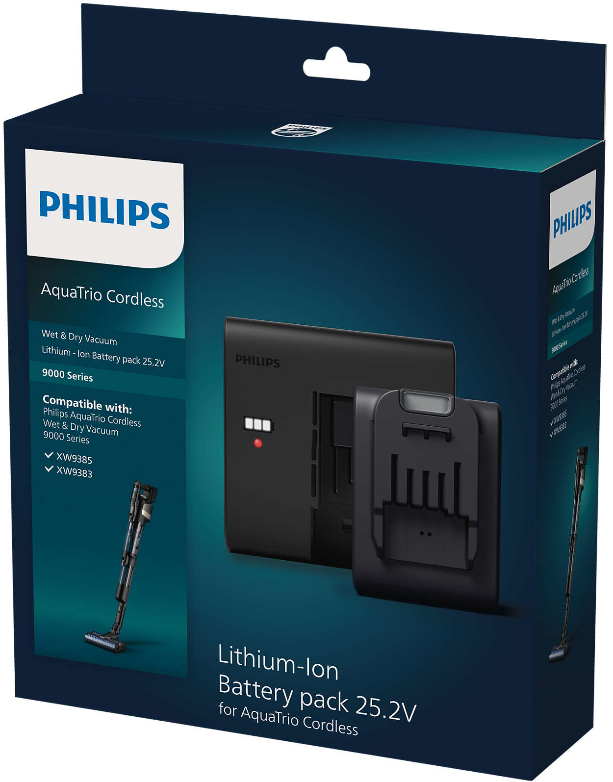 Doos Philips AquaTrio Cordless stofzuiger. Bevat stofzuiger, accu en lader.