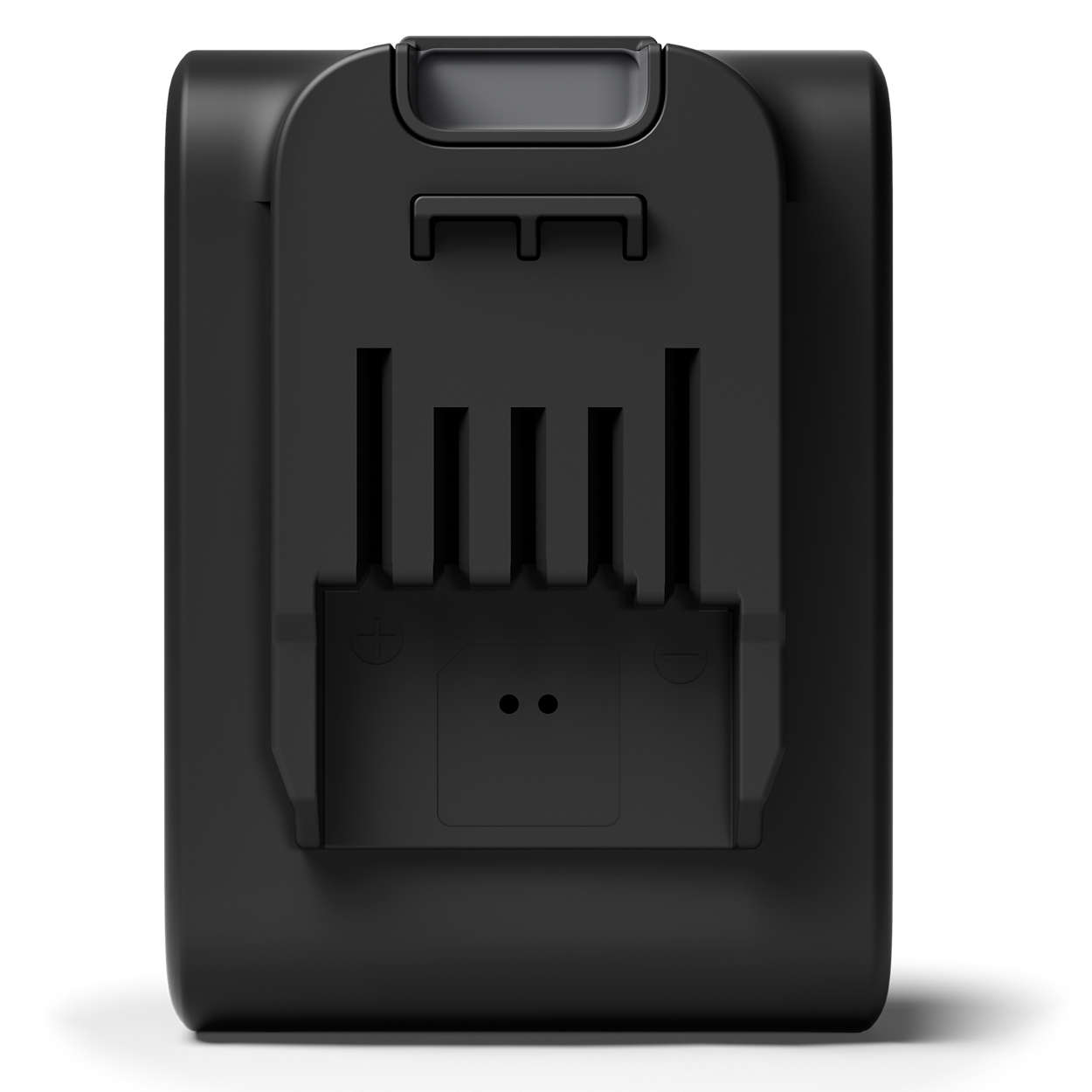 Een zwart, rechthoekig batterijpack met een bevestigingsclip aan de achterkant.