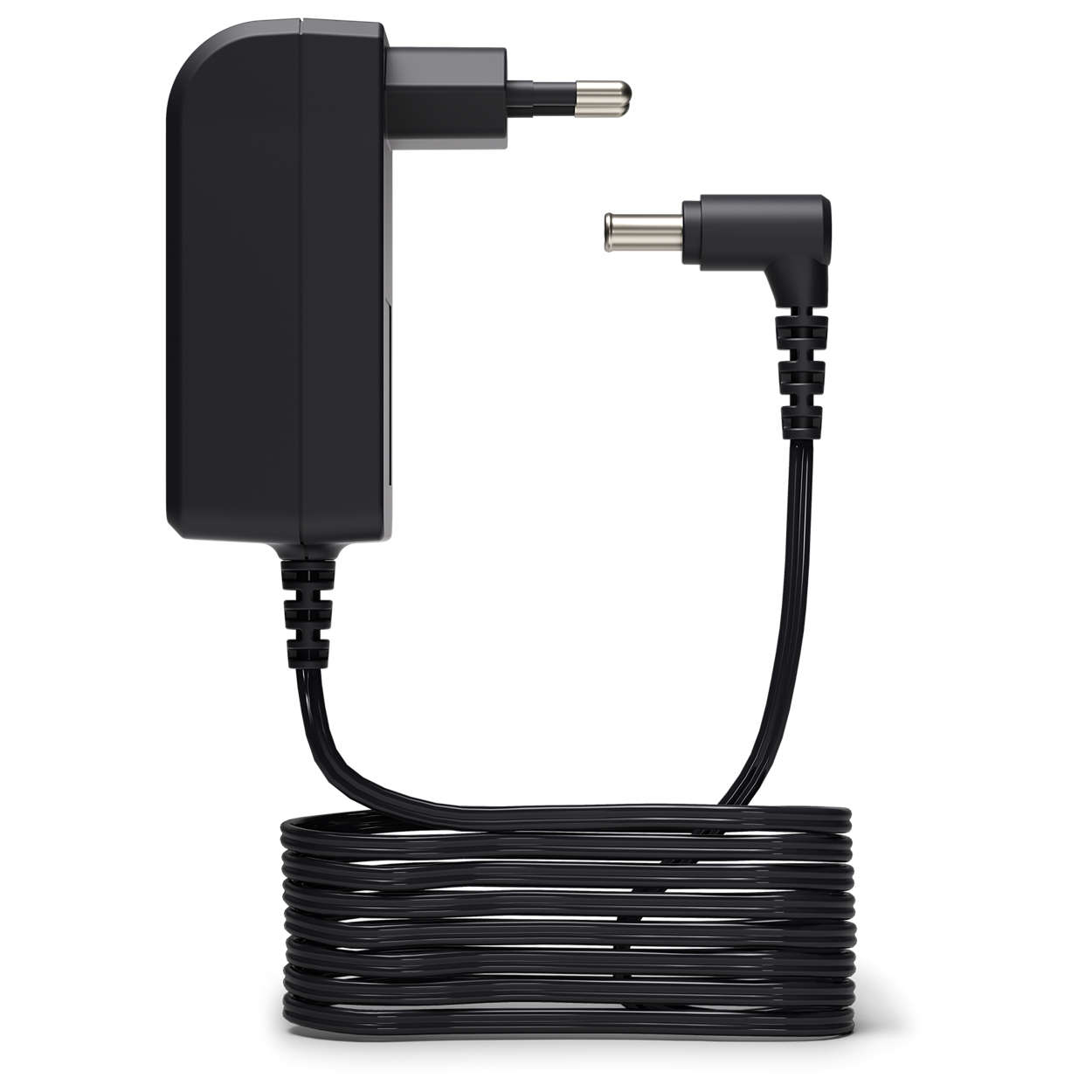 Zwarte voedingsadapter met opgerolde kabel en connector.