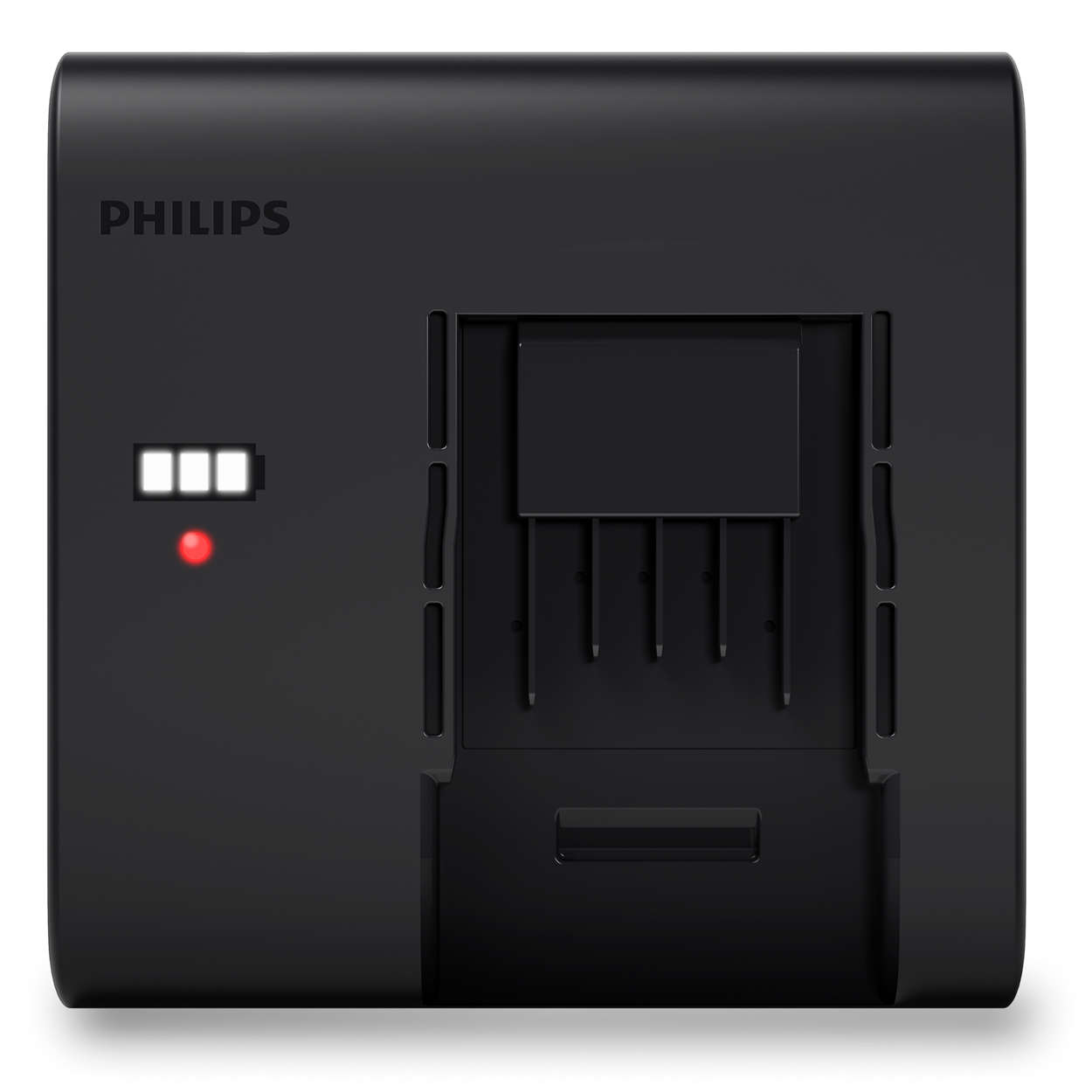Zwarte Philips-oplader met batterij-oplaadindicator en rood lampje.