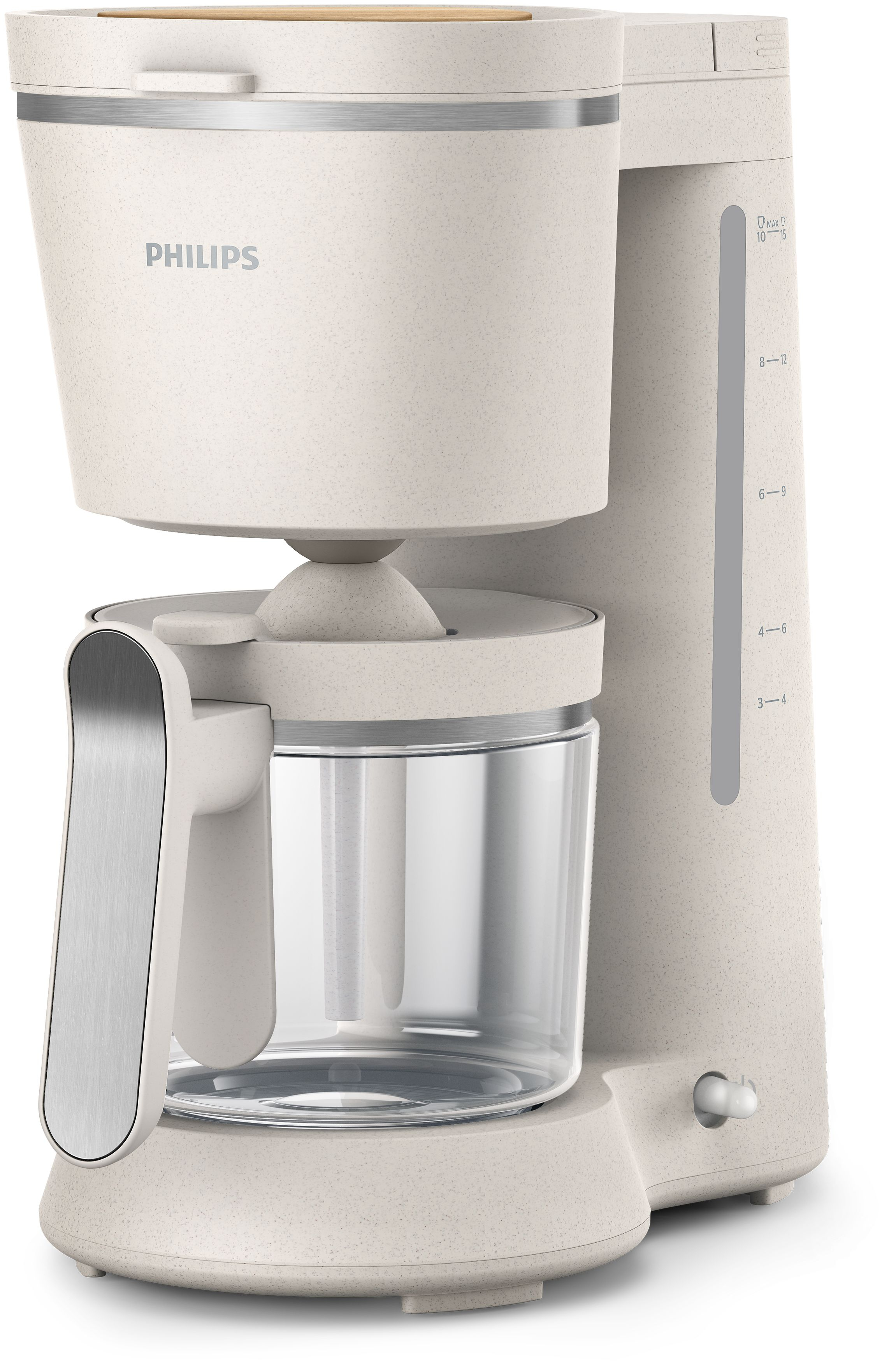 A cream-colored coffee maker with a glass carafe and a water level indicator.
