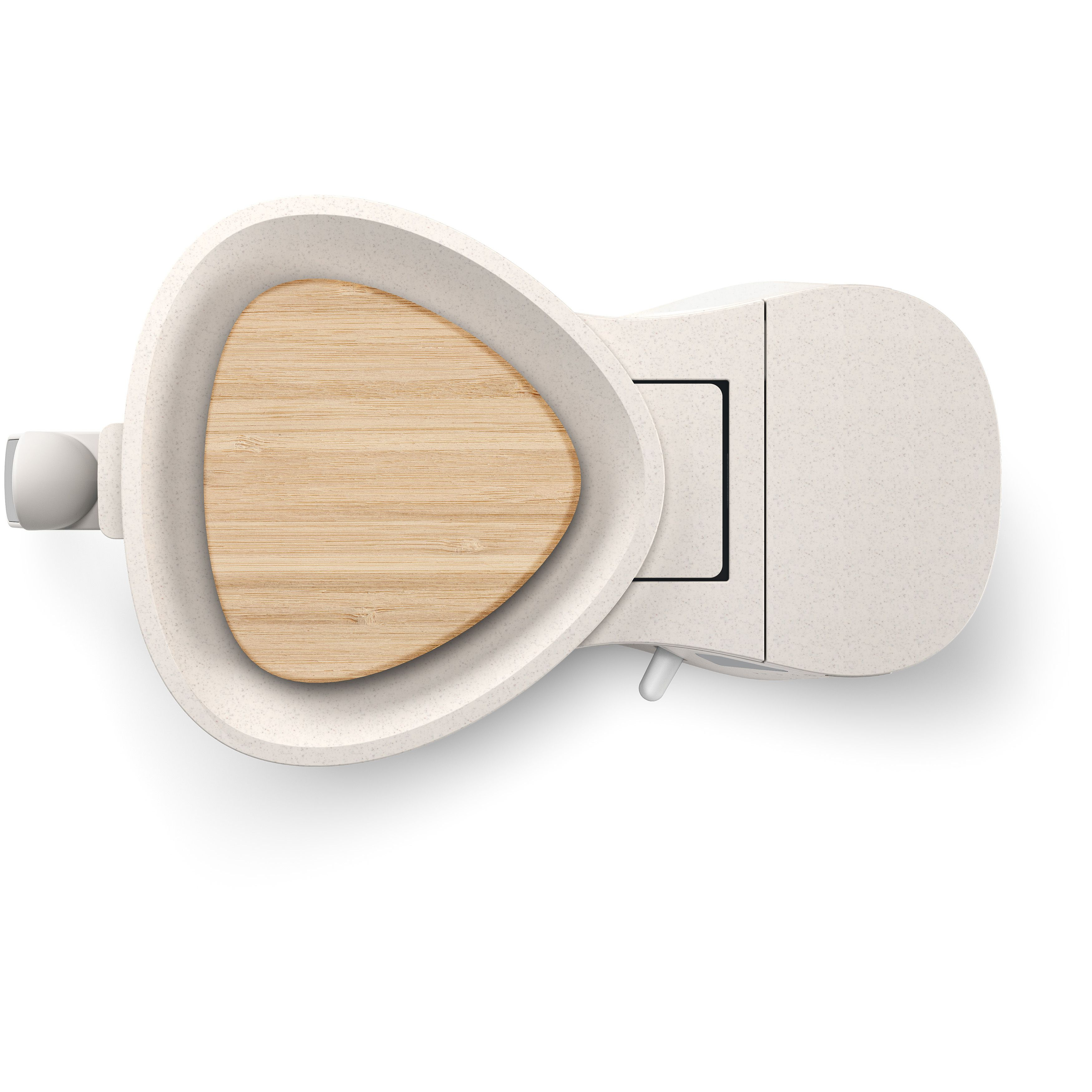 An overhead shot of a modern bidet seat. The seat has a wooden insert.