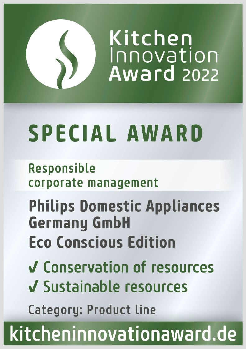 Award for Philips Domestic Appliances. Text includes 'Kitchen Innovation Award 2022' and 'Eco Conscious Edition'.