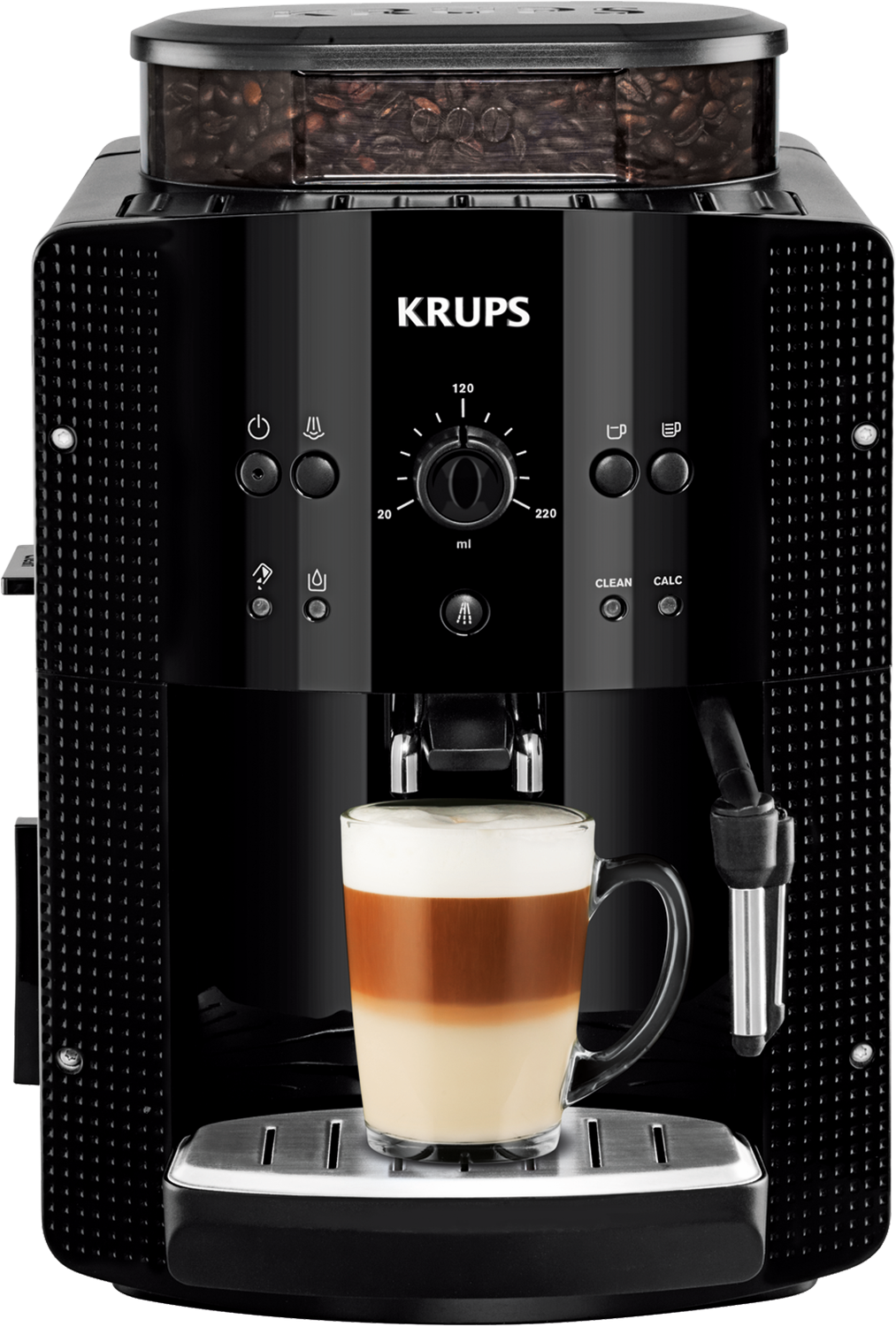 Zwarte koffiemachine met een glas gelaagde drank.