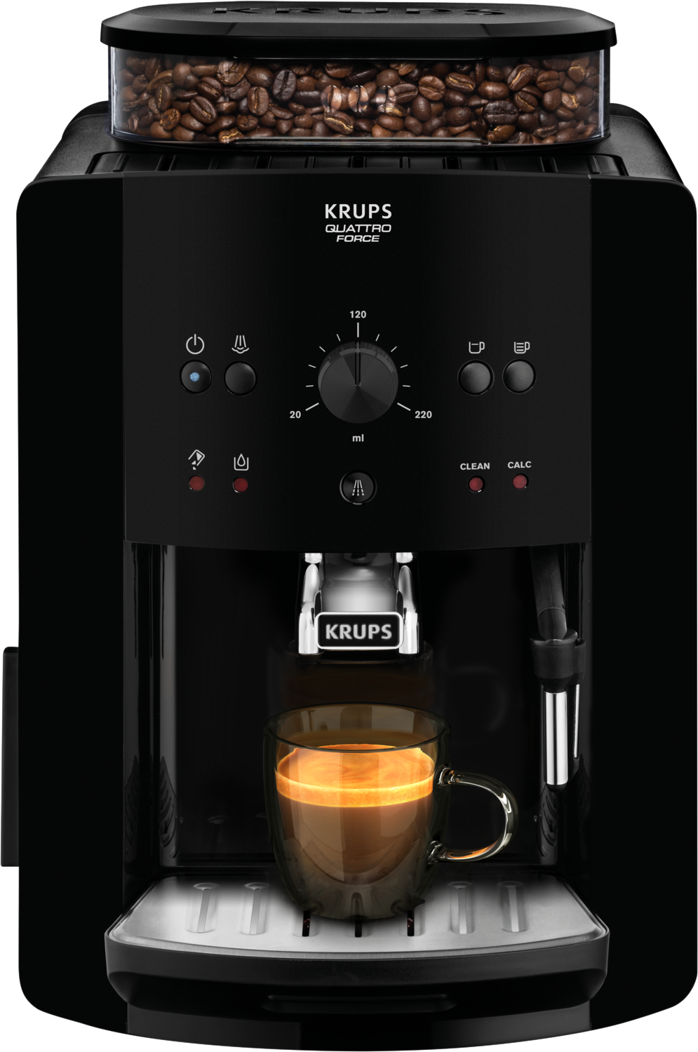Een zwarte koffiemachine met een kopje koffie en een bakje met koffiebonen erop.