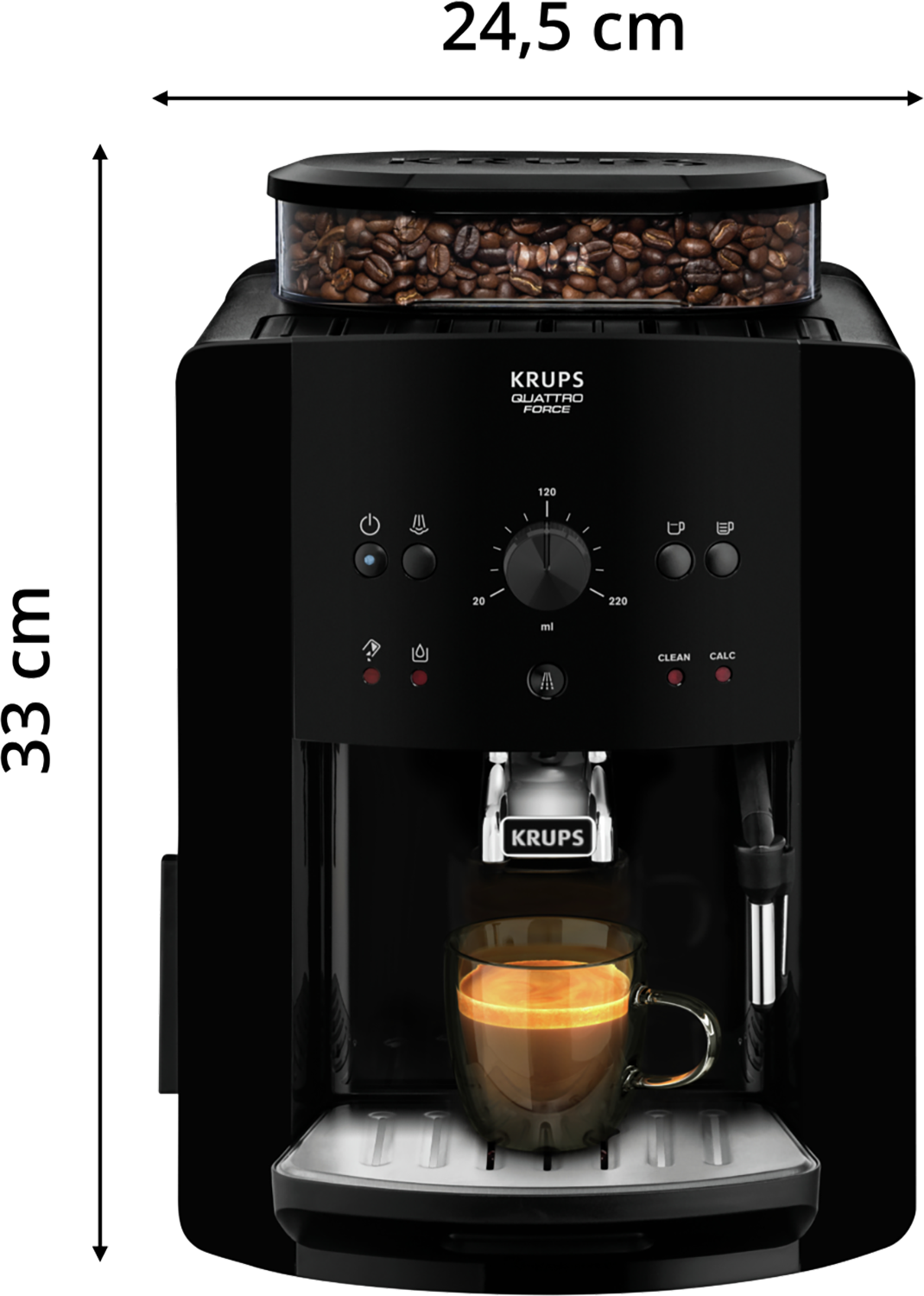 Zwarte koffiemachine met kopje en koffiebonen.