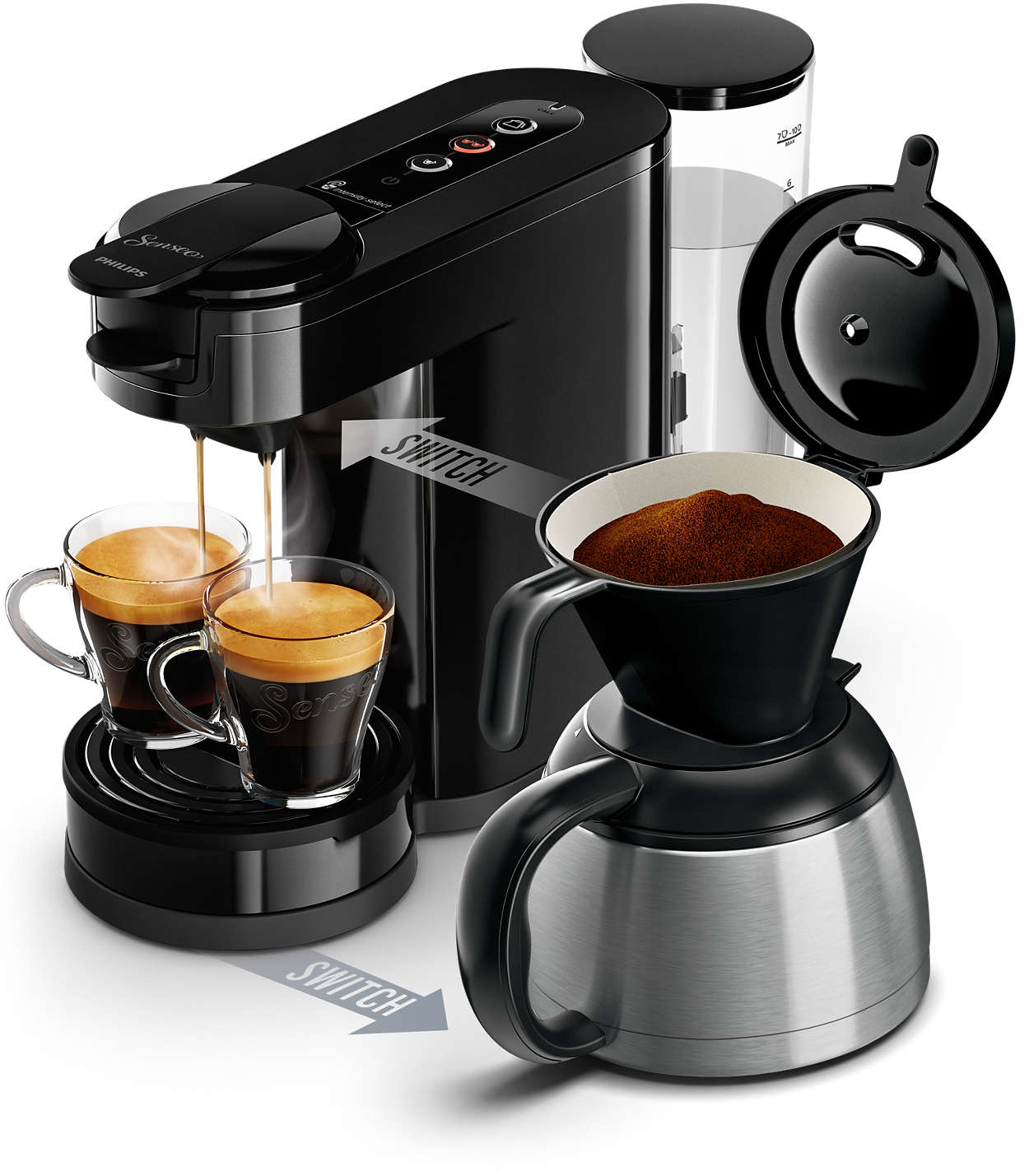 Kaffeemaschine mit einschenkendem Kaffee.