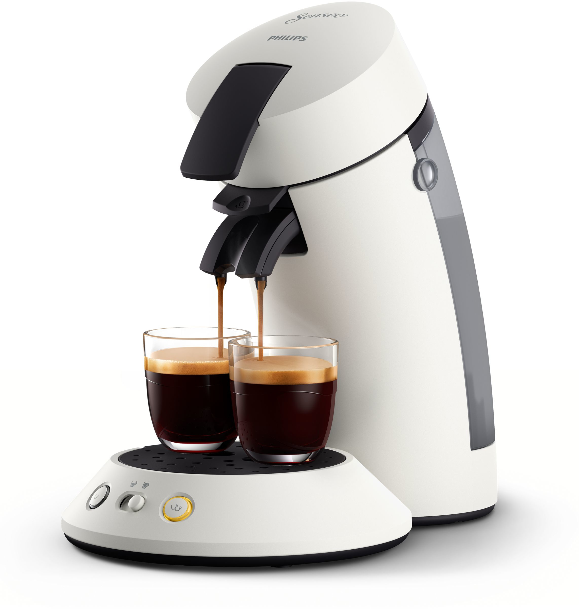 Witte Philips Senseo koffiemachine met twee glazen die zich vullen met koffie. Witte achtergrond.