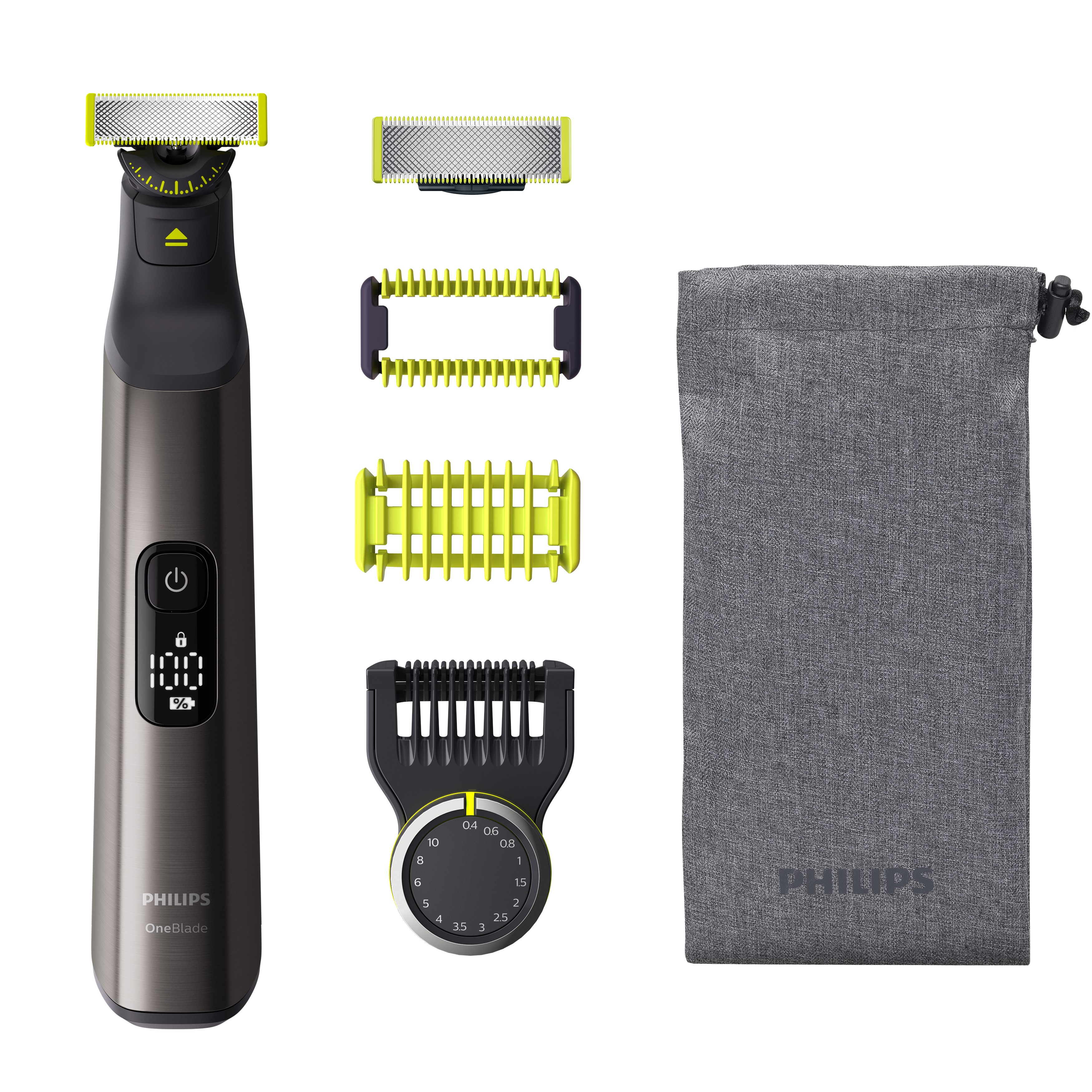 Een Philips OneBlade elektrisch scheerapparaat, extra mesjes en een grijze reiszak.