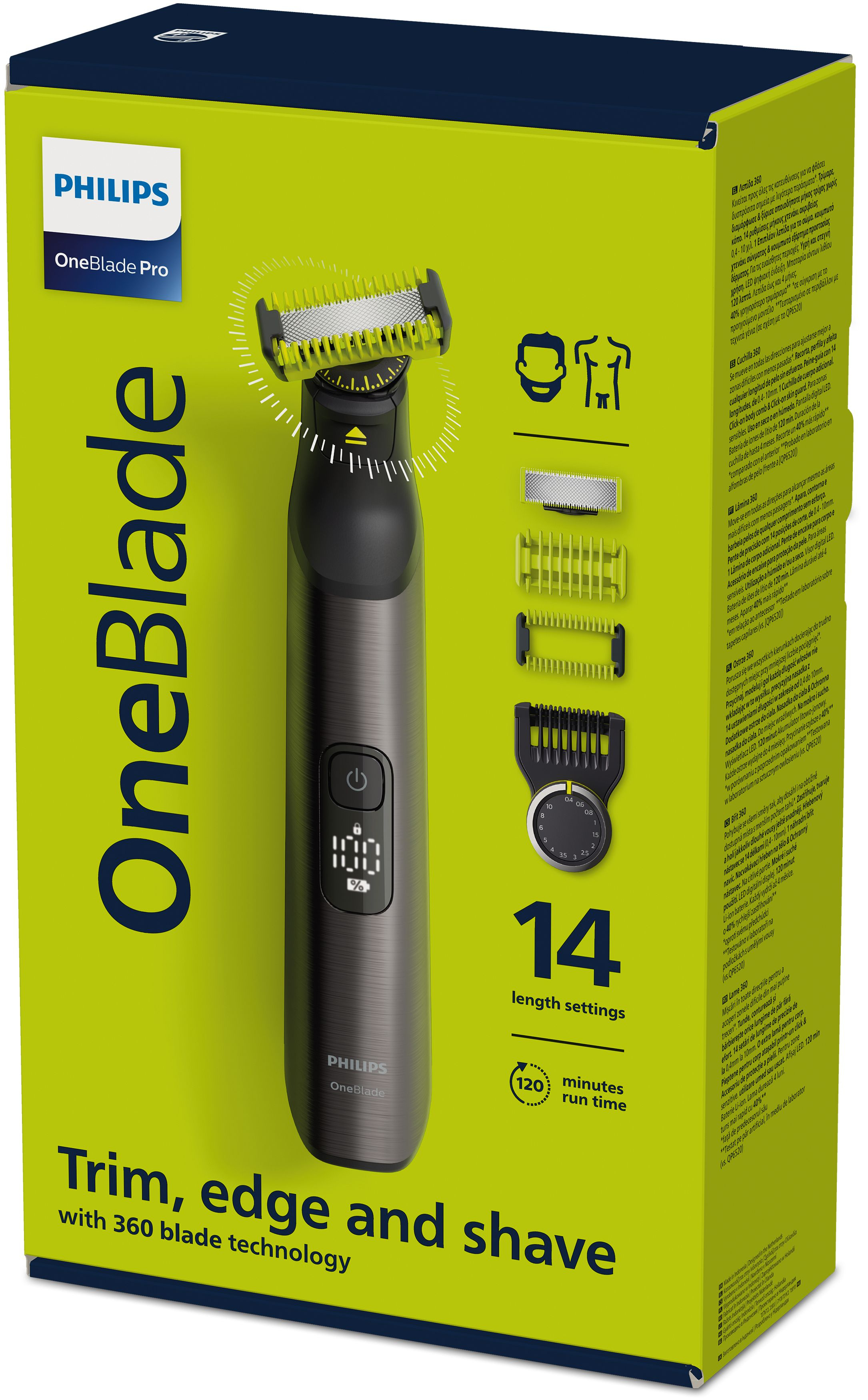 Philips OneBlade Pro verpakking, groen en zwart, met trimmer- en mesdetails.