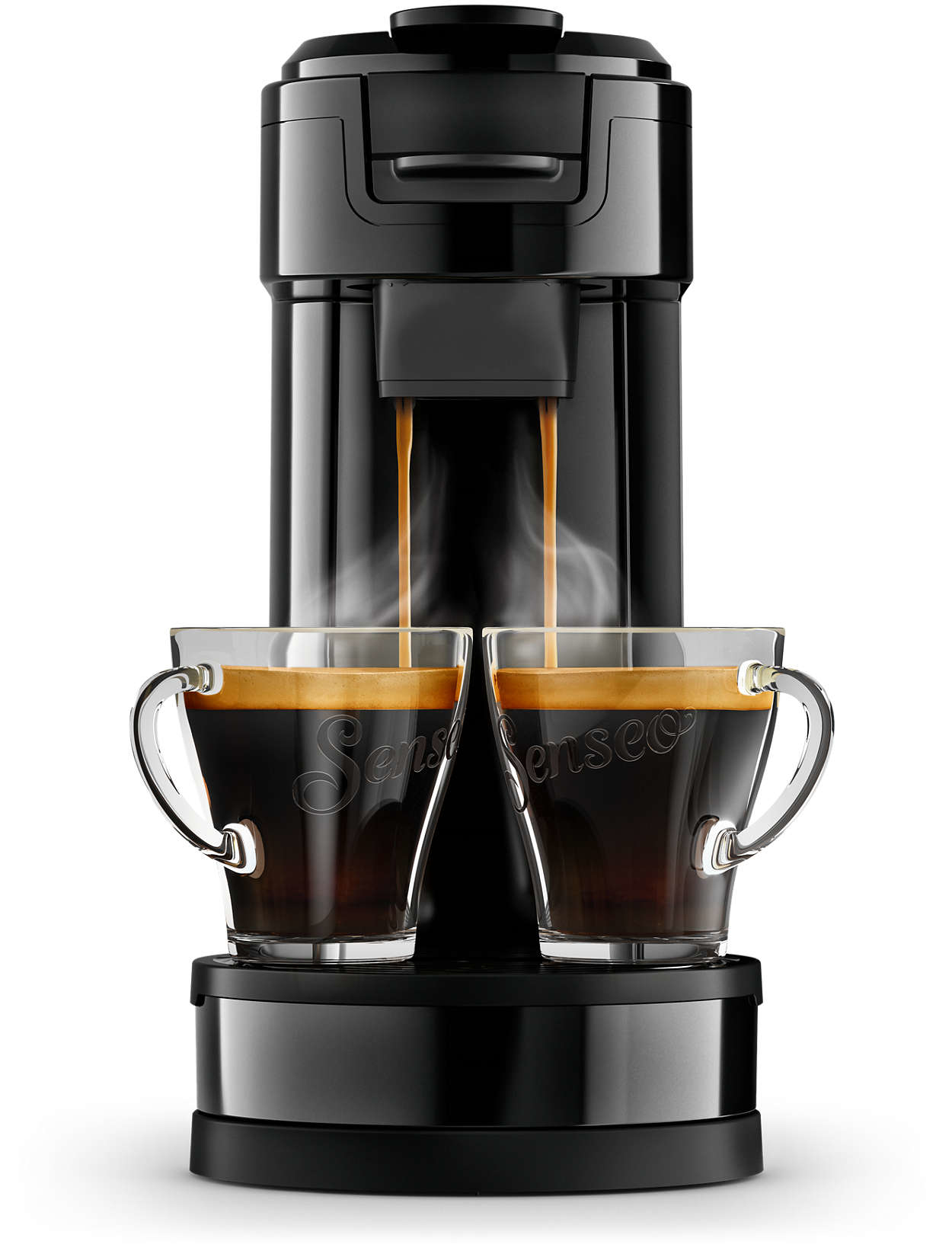 Zwarte koffiemachine met twee glazen koffie.