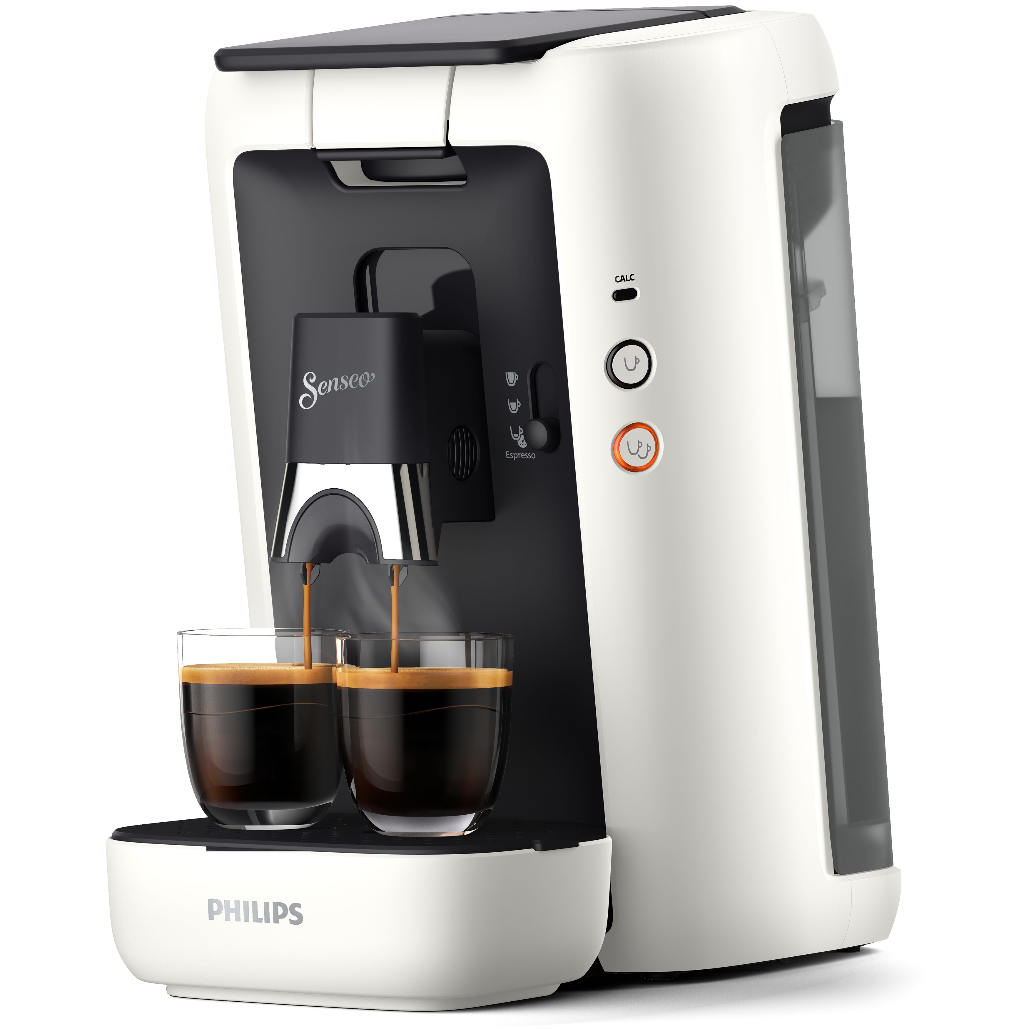 Een wit en zwart Senseo koffiezetapparaat met twee glazen koffie onder de uitloop.