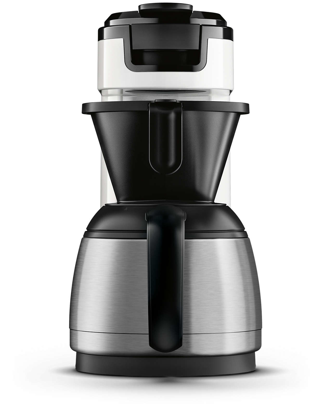 Keukenmachine met zilveren basis, zwarte handgreep en losgemaakt wit bovendeel.