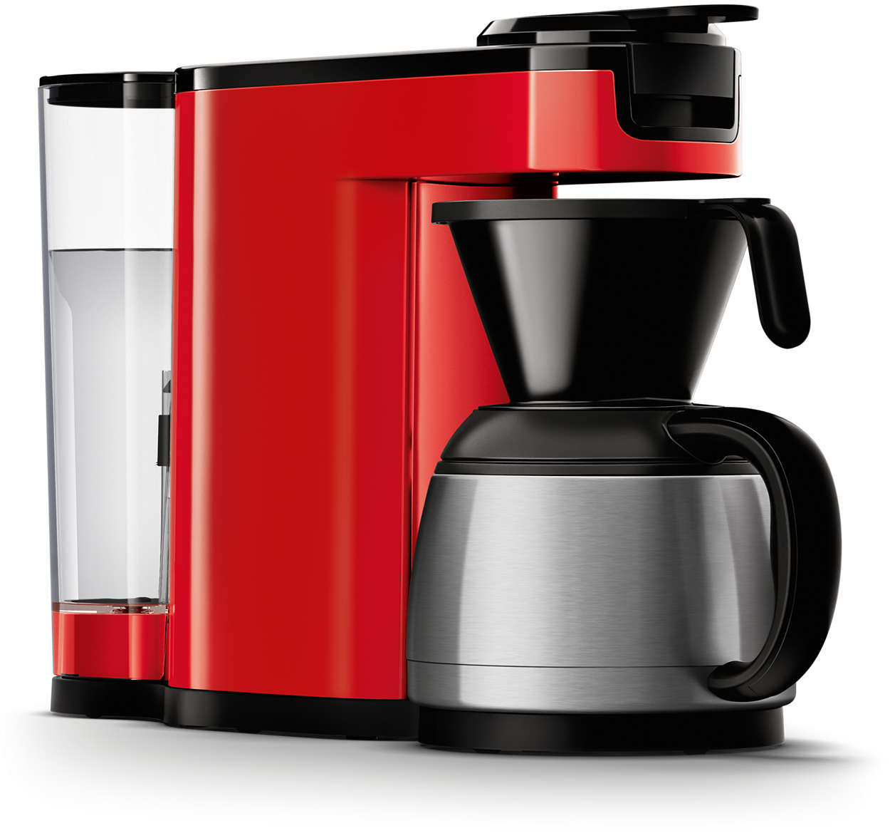 Rode koffiemachine met een zwarte kan en een waterreservoir.
