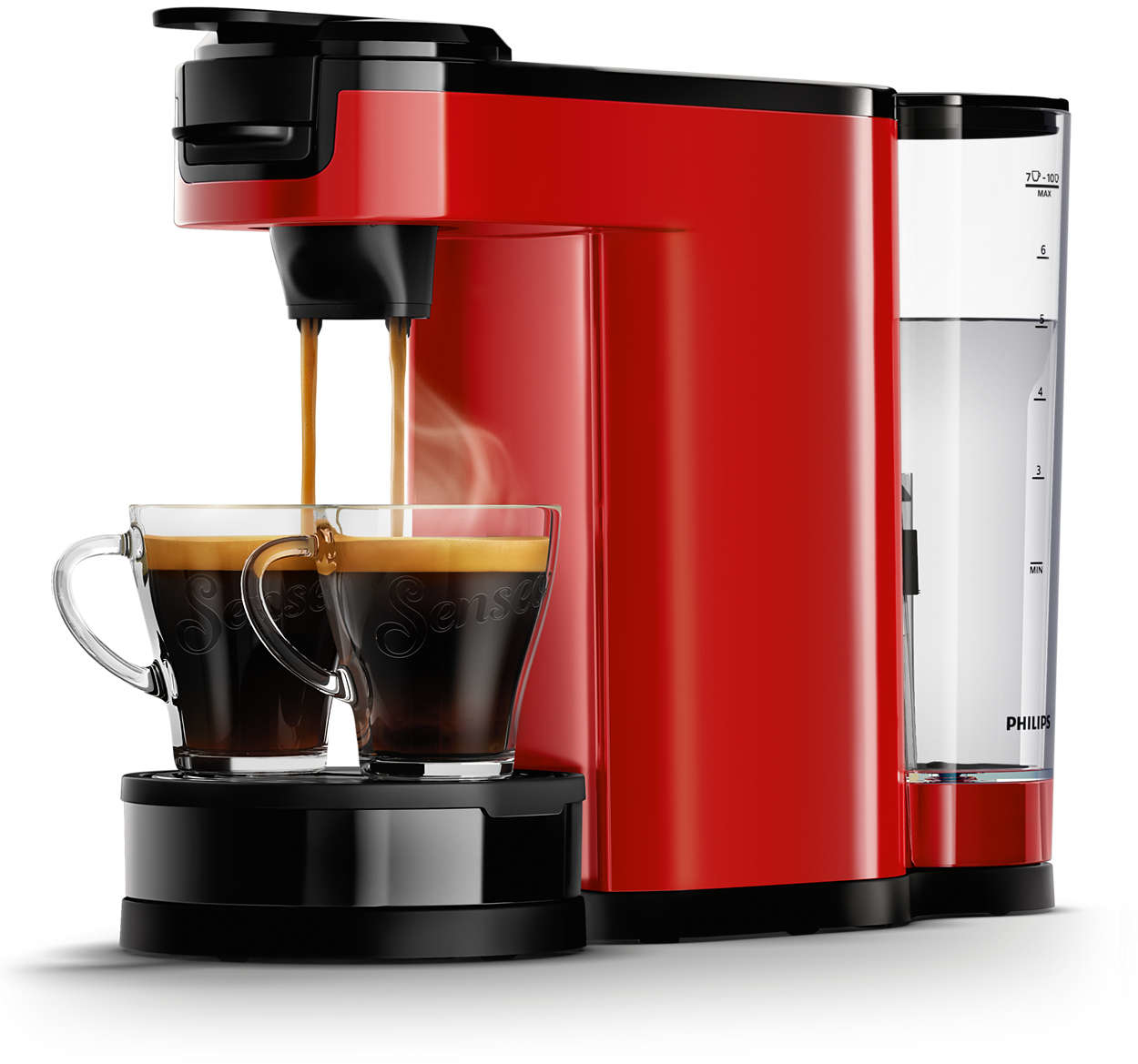 Rode koffiemachine met twee heldere glazen die zich vullen met koffie.