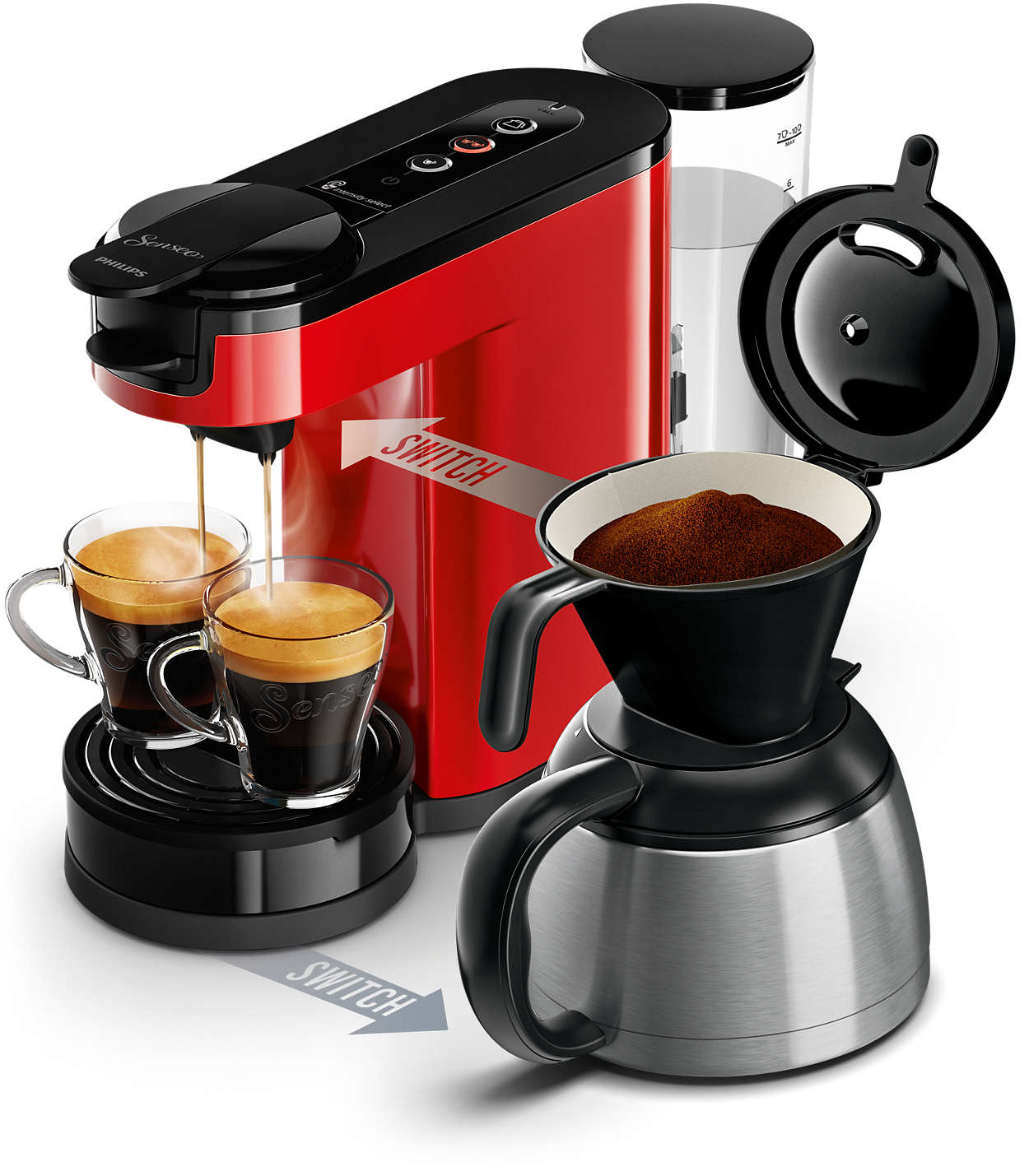 Rode en zwarte Senseo koffiemachine met koffiekopjes.