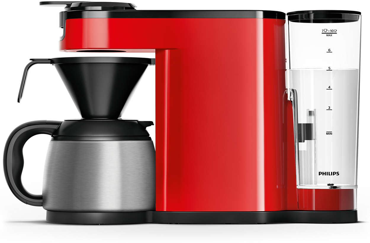 Rode koffiemachine met een zilverkleurige thermoskan en een transparante watertank.
