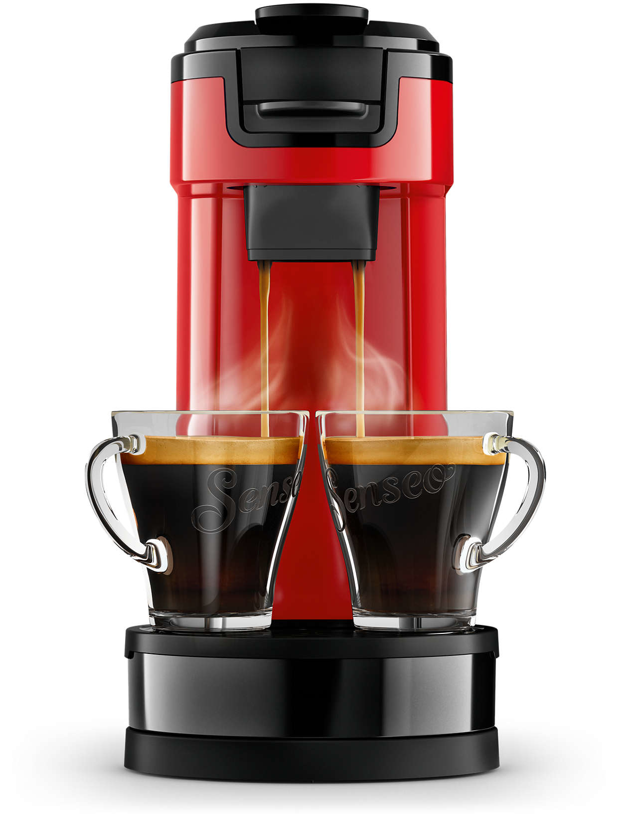 Een rode koffiemachine die koffie in twee heldere glazen kopjes doseert.