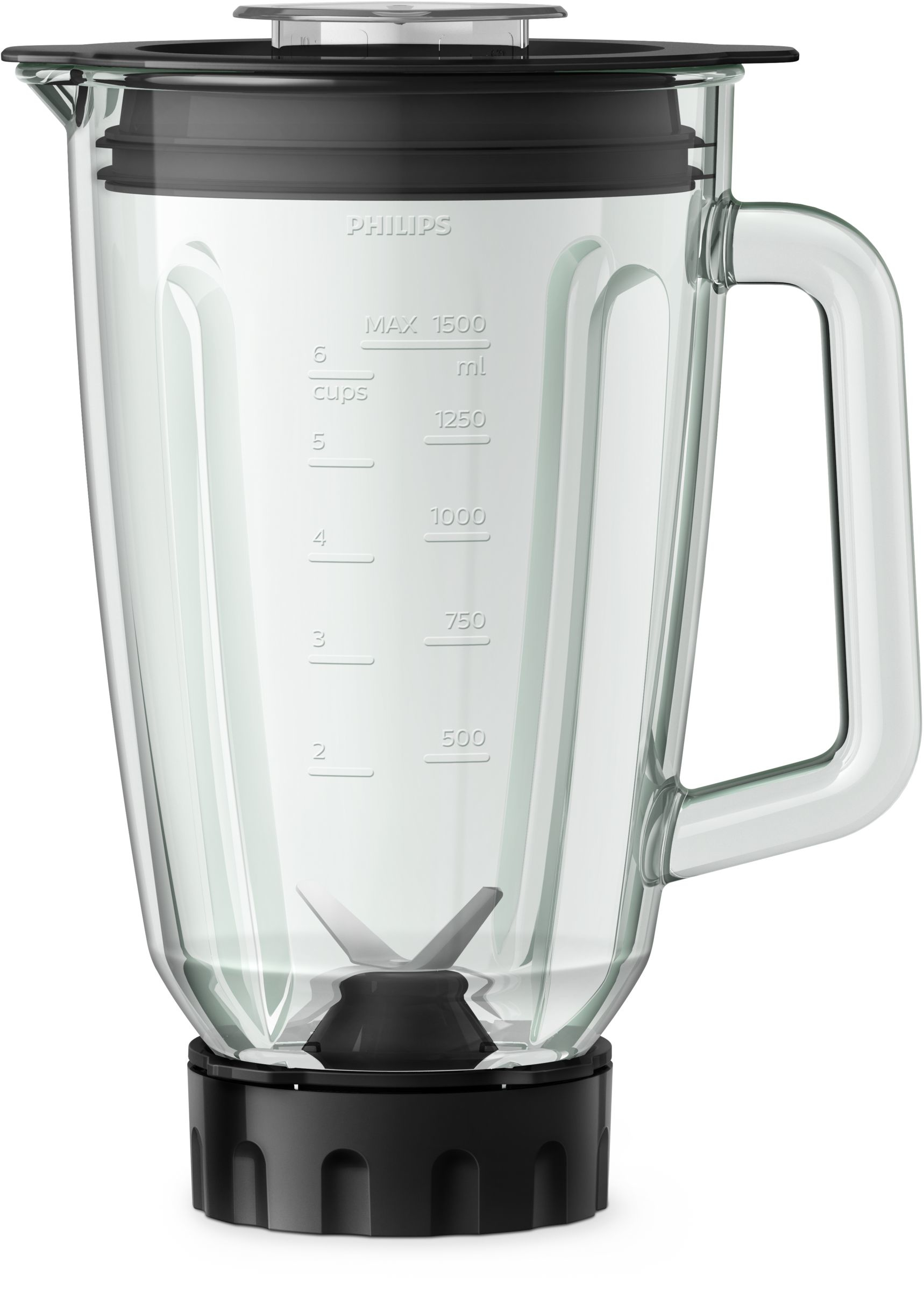 Un pichet de blender transparent avec des mesures et des lames à l'intérieur.
