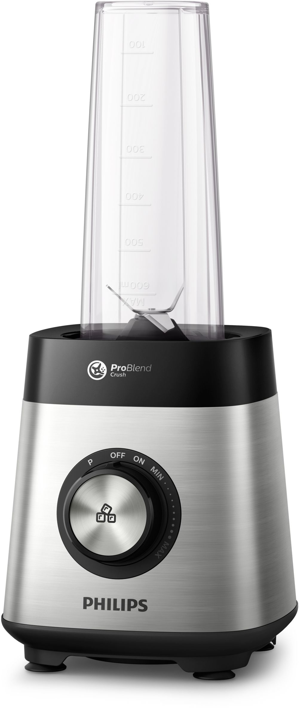 Blender argent et noir avec un récipient en plastique transparent.