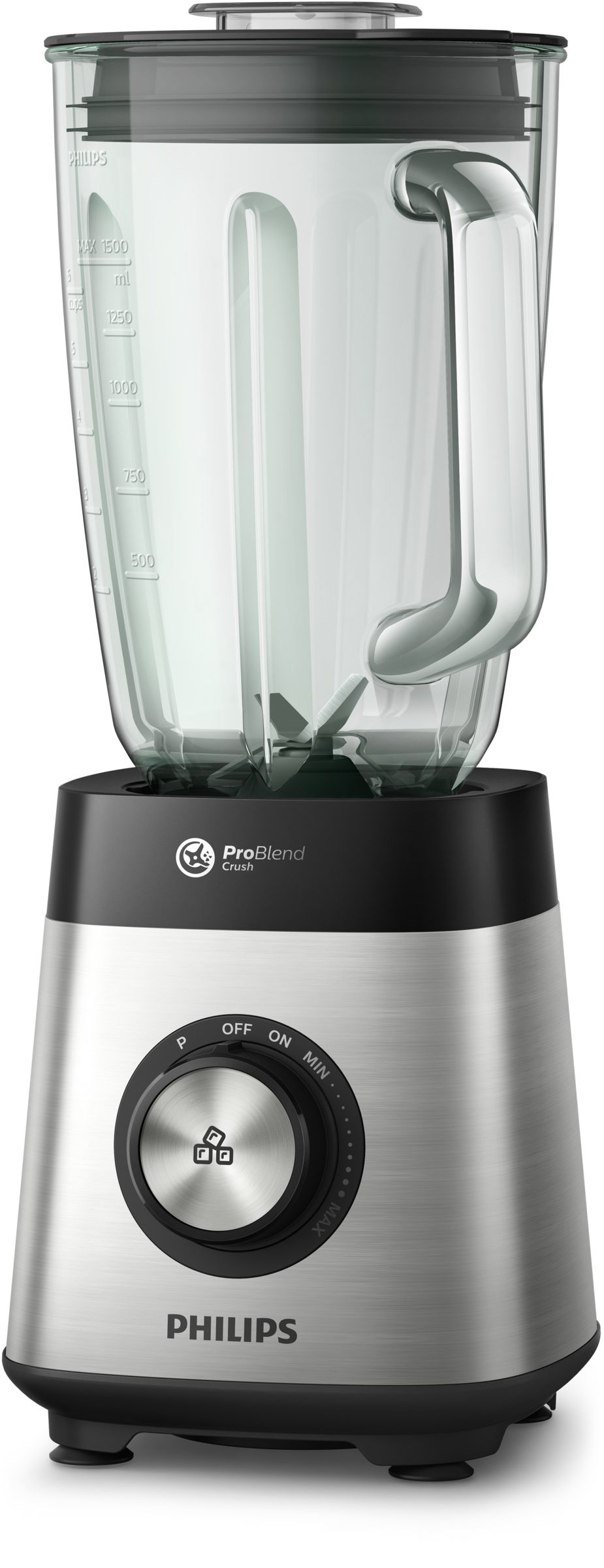 Mixeur argenté avec pichet en verre, base noire et molette de contrôle avec logo Philips.
