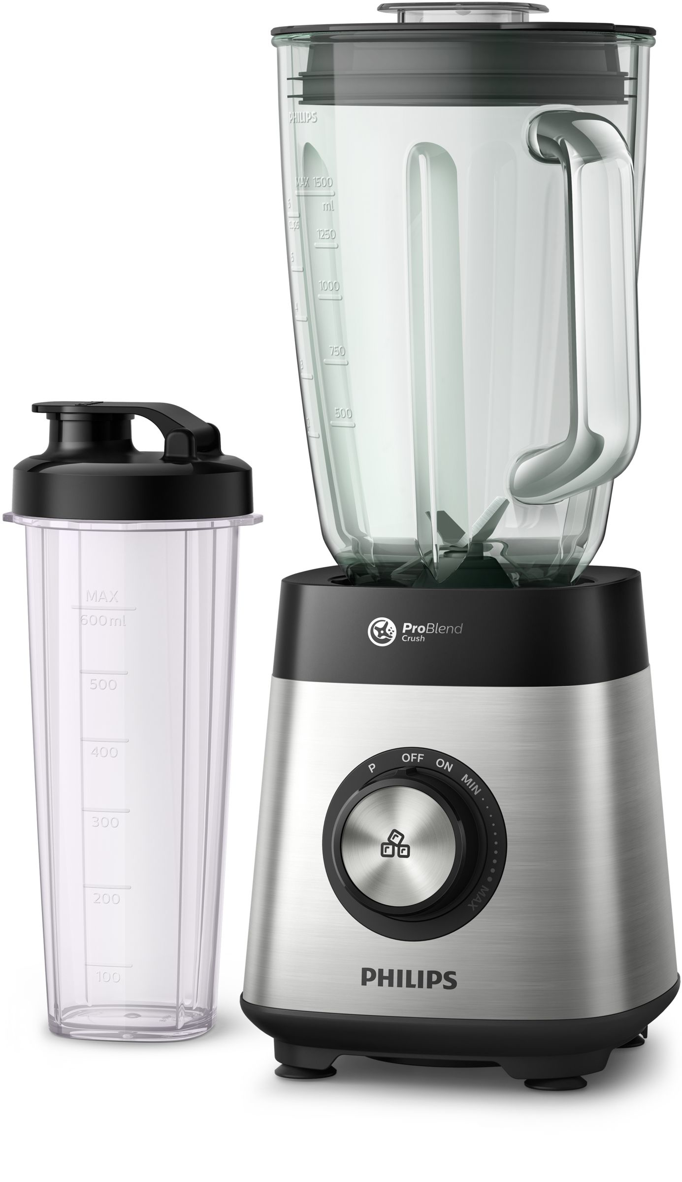 Mixeur avec un shaker séparé, design en acier inoxydable et noir.