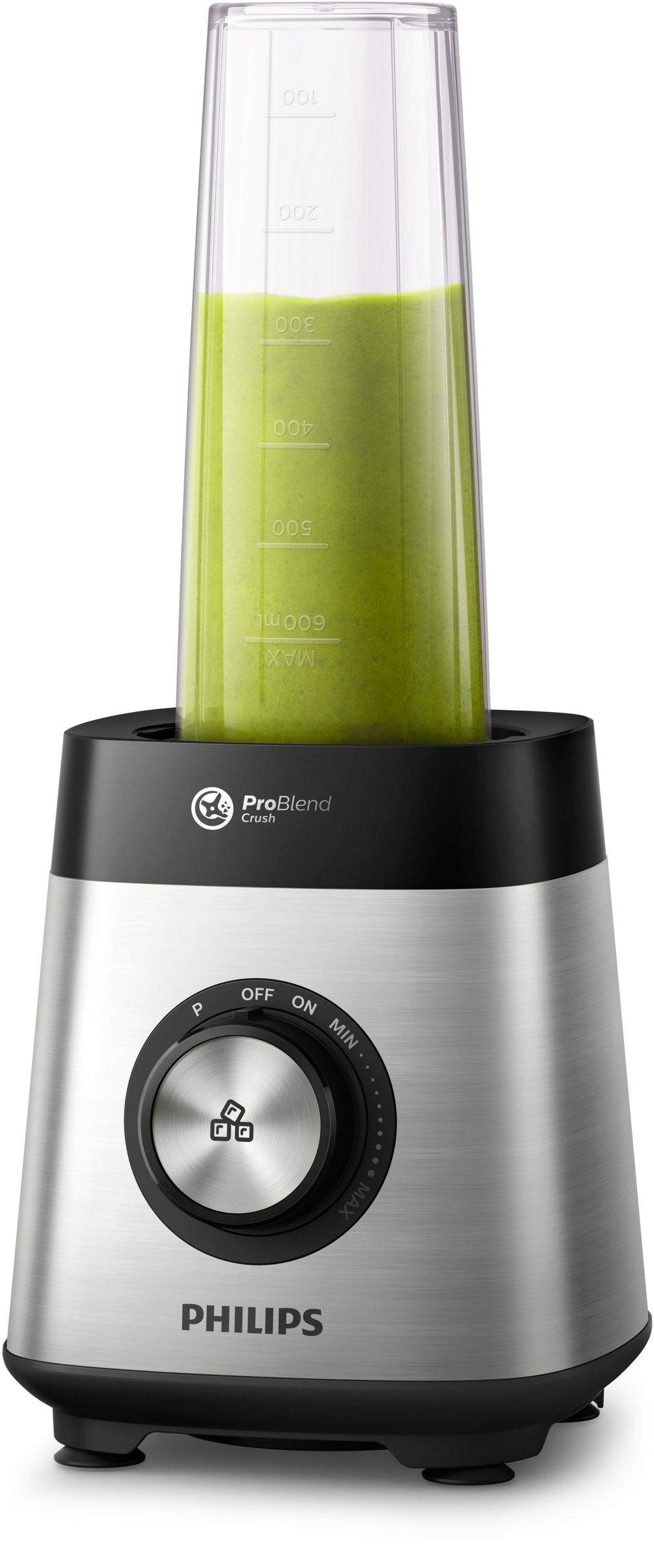 Un blender argenté avec un smoothie vert à l'intérieur, avec un panneau de contrôle.