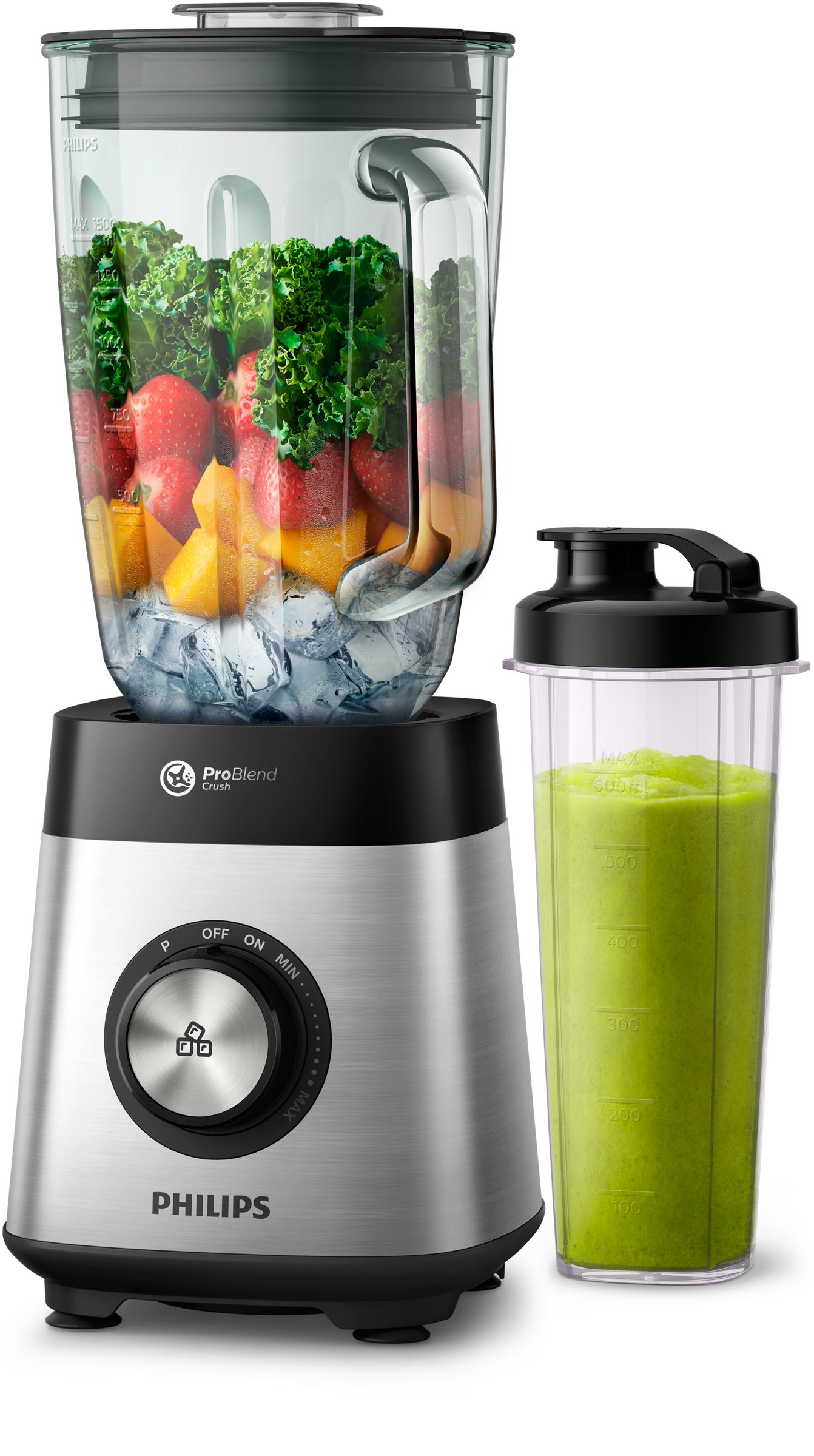 Un blender Philips avec un bocal en verre rempli de fruits et de glace. Un gobelet séparé contient un smoothie vert.