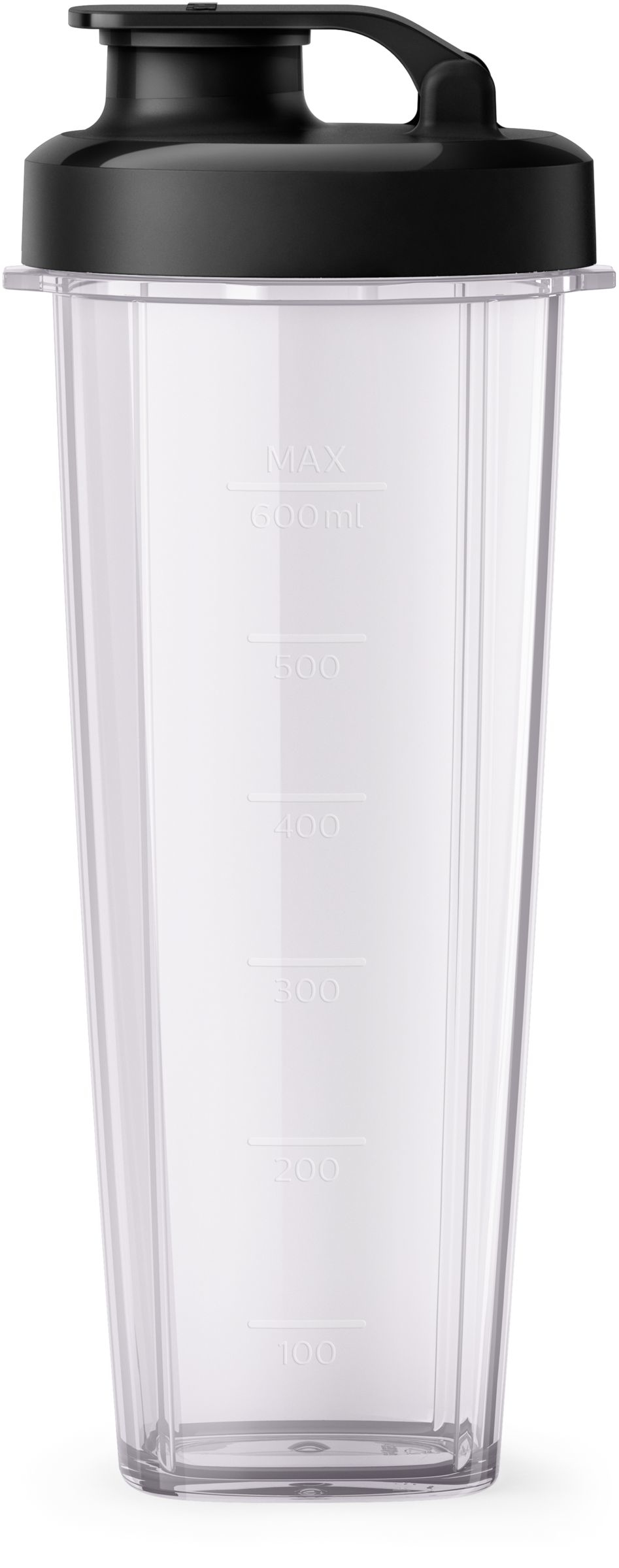 Bouteille shaker en plastique transparent. Étiquettes blanches avec mesures. Couvercle noir avec poignée.