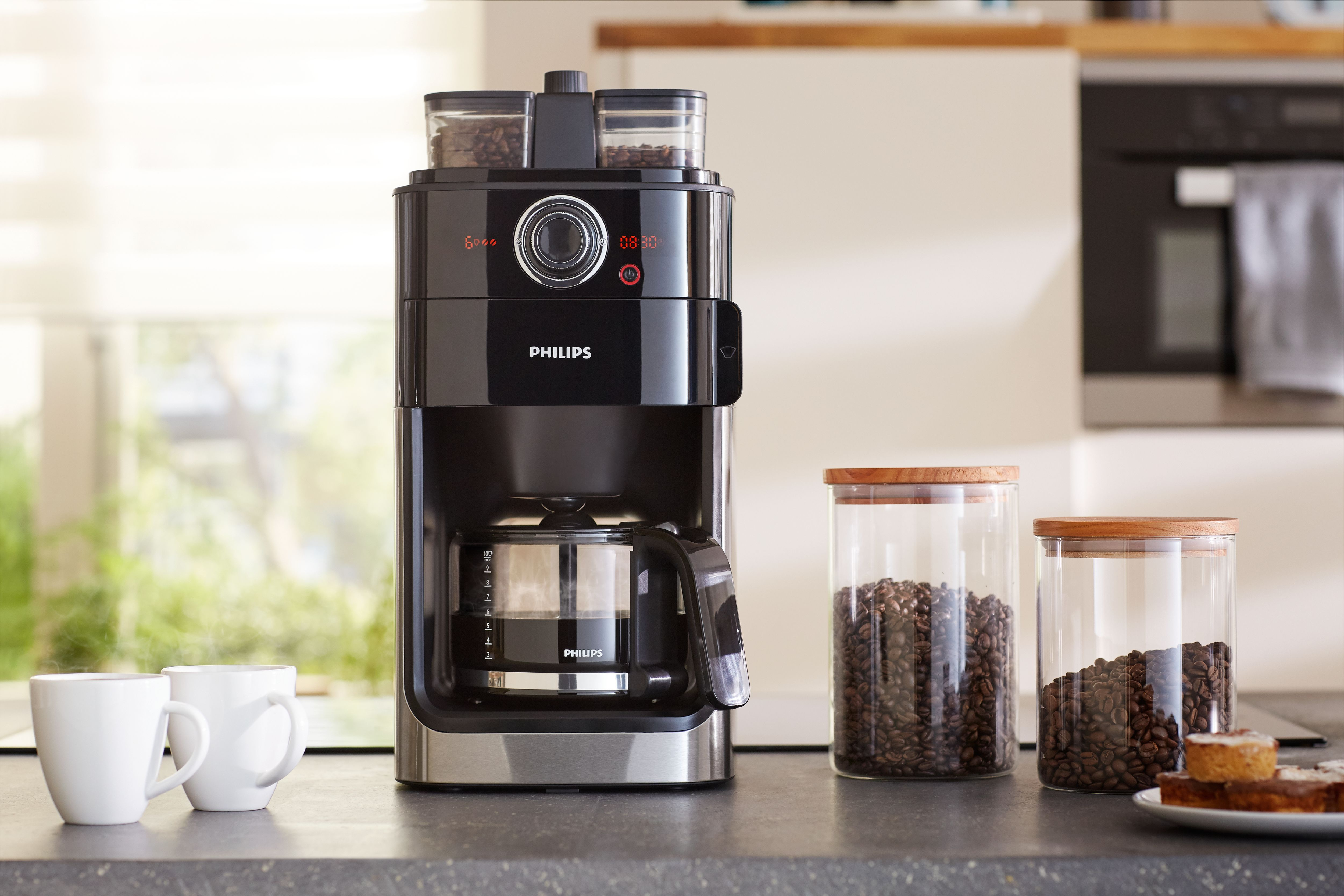 PHILIPS  Percolateur Double Grind and Brew (HD7769/00) - Machine à café - Capacité (réservoir d'eau): 1,2 l - Type de pot: Verre - Durée de maintien au chaud 2 h - Noir
