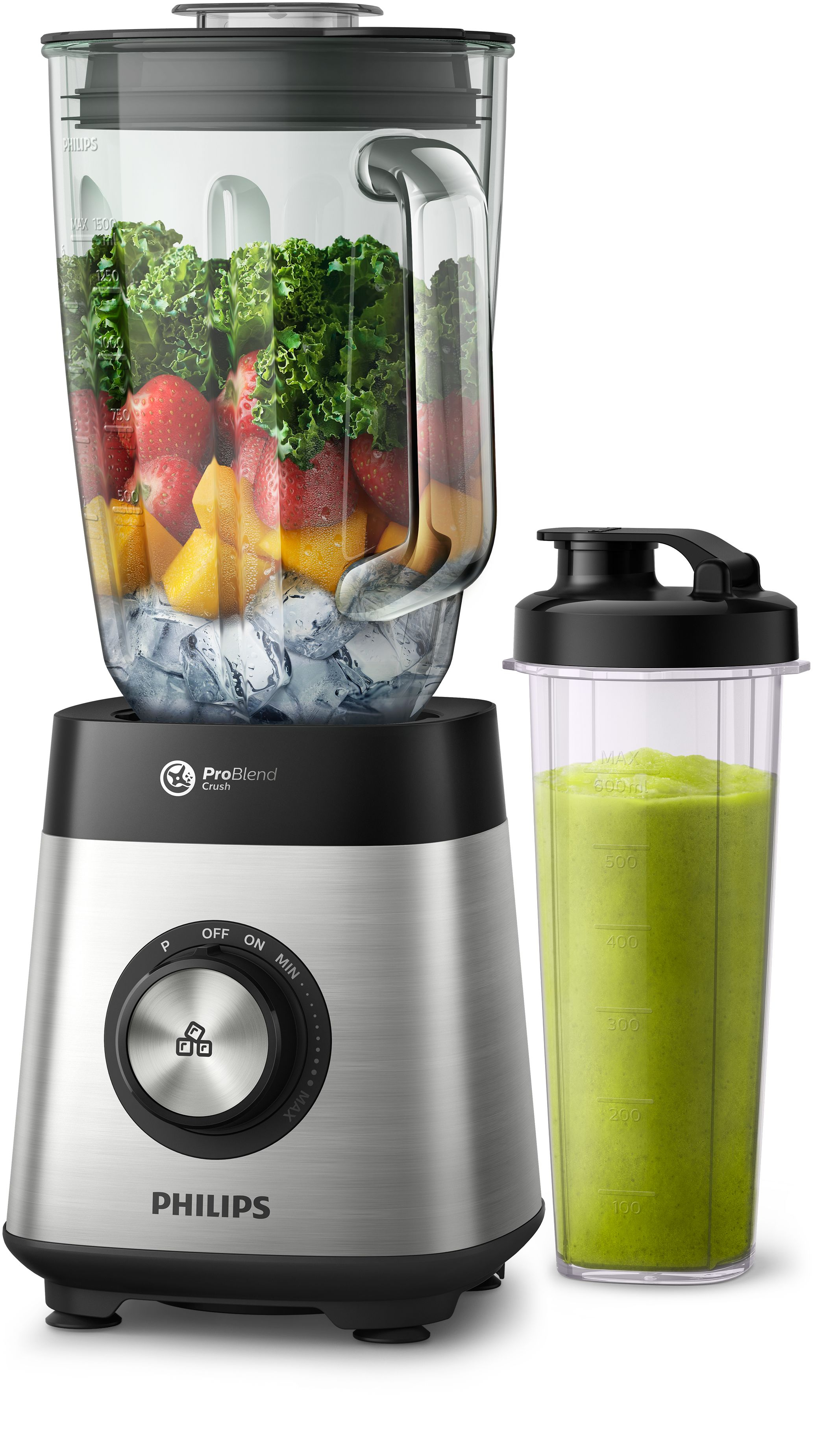 Blender Philips. La base est argentée et noire, avec un pot en verre rempli de fruits. Un gobelet de smoothie vert à côté.