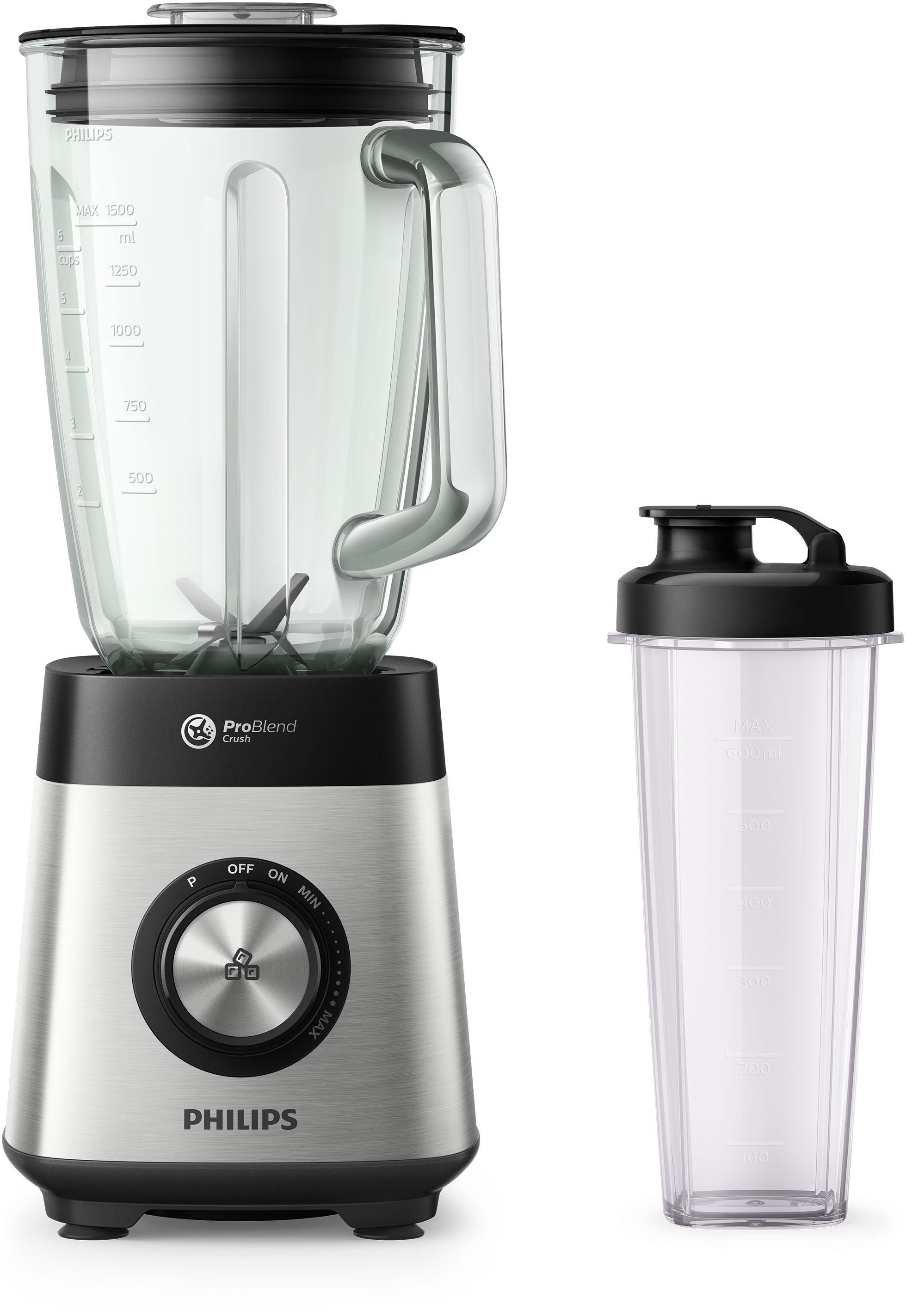Un blender Philips avec un bocal transparent et un shaker séparé sur fond blanc.