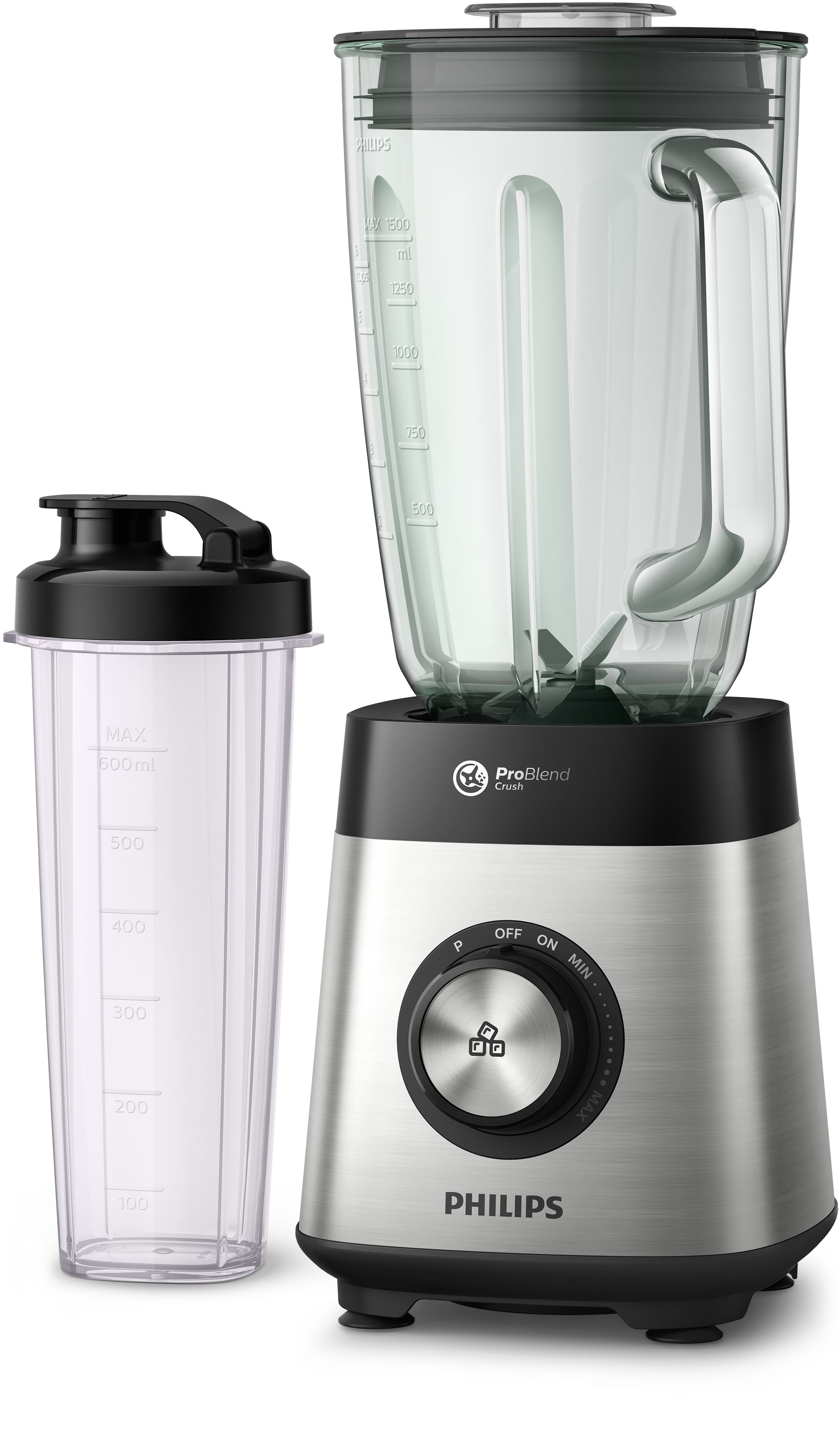 Un blender Philips argenté et noir avec une carafe transparente et un shaker, sur fond blanc.
